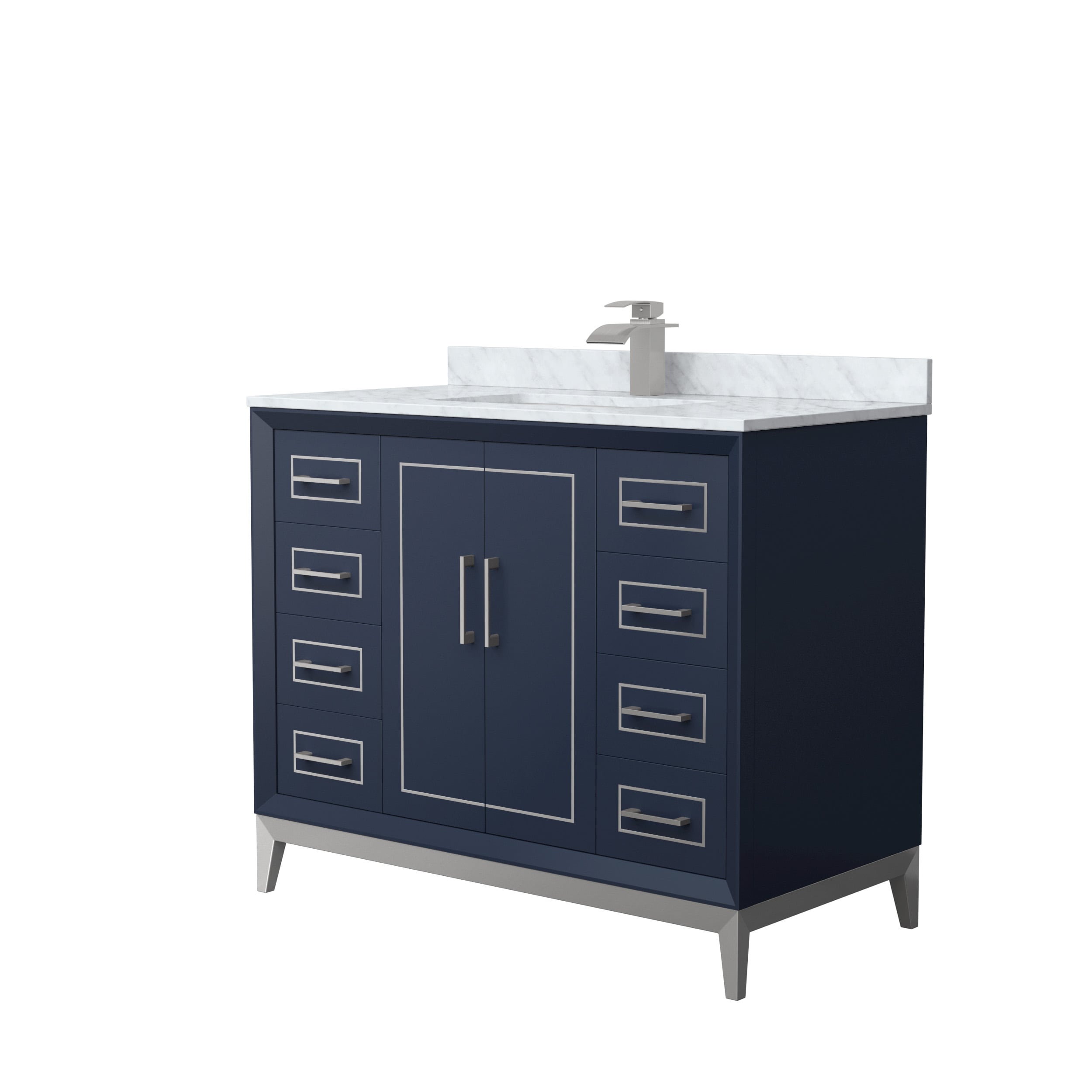 Wyndham Collection WCH515142SBNCMUNSMXX Marlena 42-in Dark Blue with Brushed Nickel Trim Undermount Single Sink Bathroom Vanity with White Carrara Marble Natural Marble Top