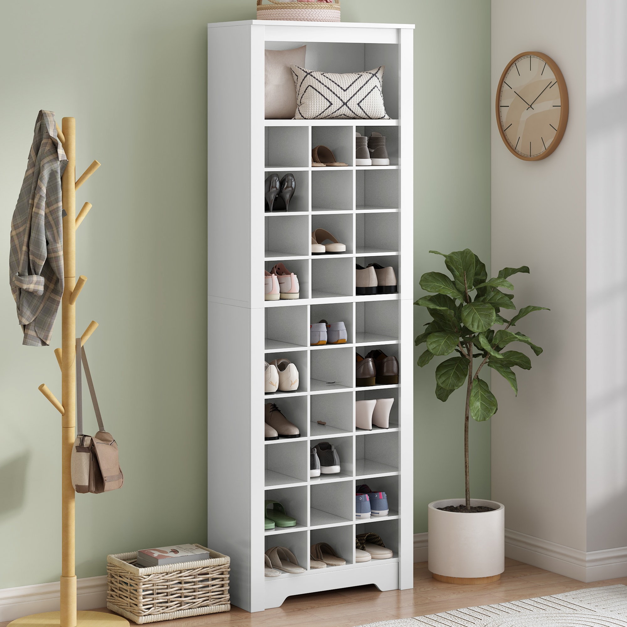 LOVMOR SF-Y-WF309309AAK 30 Shoe Cubby Console Contemporary Shoe Cabinet with Multiple Storage Capacity Free Standing Tall Cabinet with Versatile Use