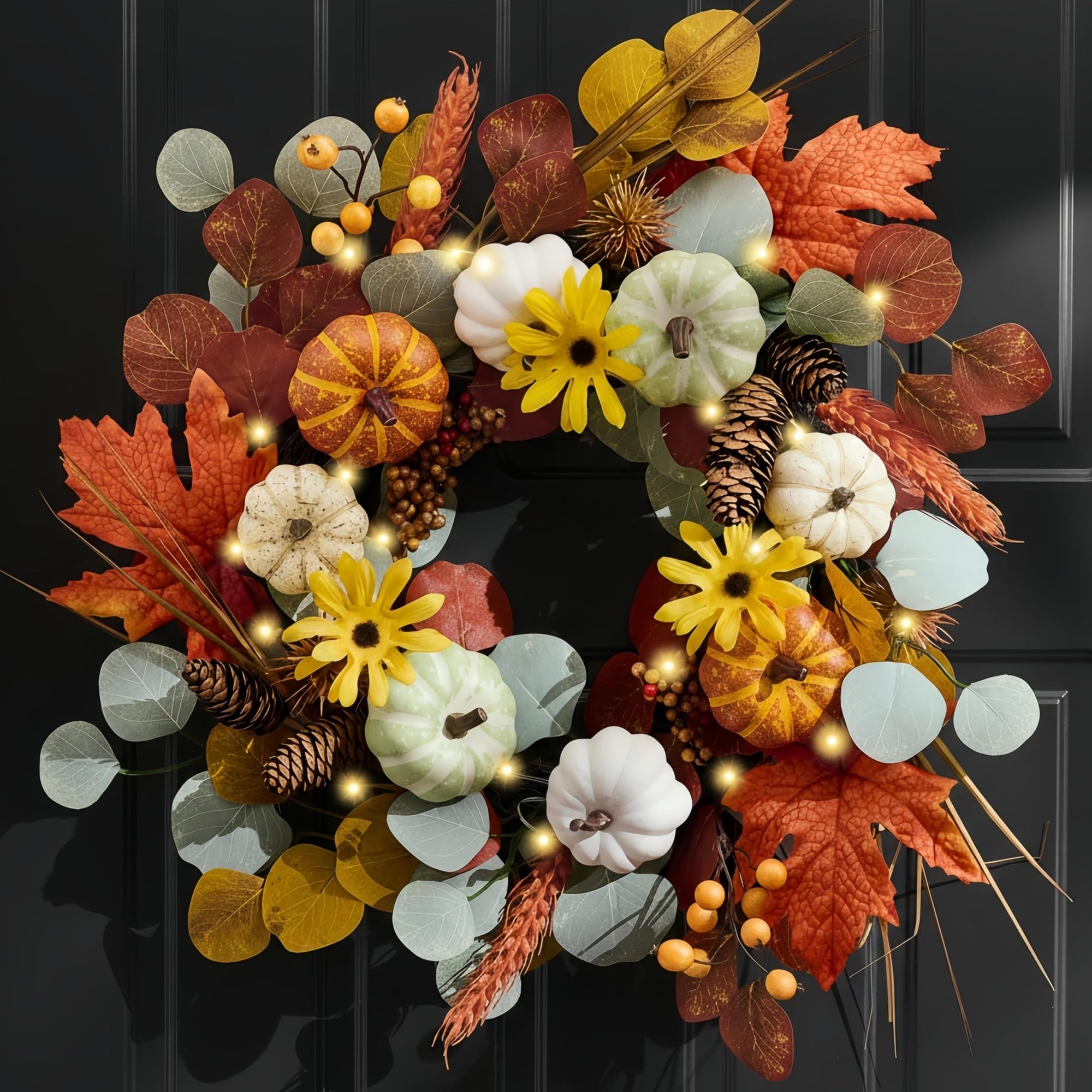 Adrinfly  Fall Wreath with Lights for Front Door 18 Inch Halloween Wreath with White Pumpkins Silk Maple Leaves Outdoor Autumn Decorations