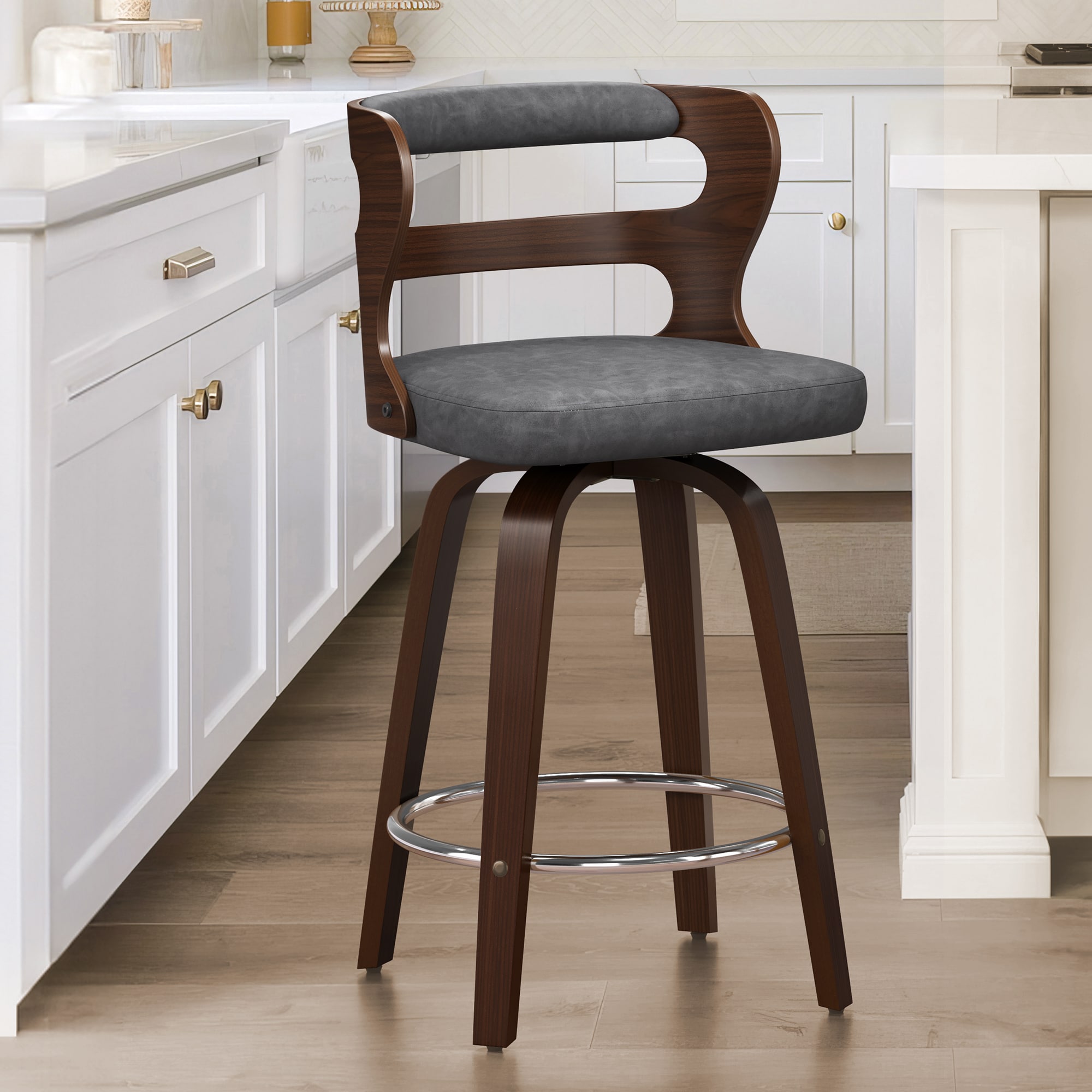 LUE BONA YB-113-03LS Gray 26-in H Counter height Upholstered Swivel Wood Bar Stool