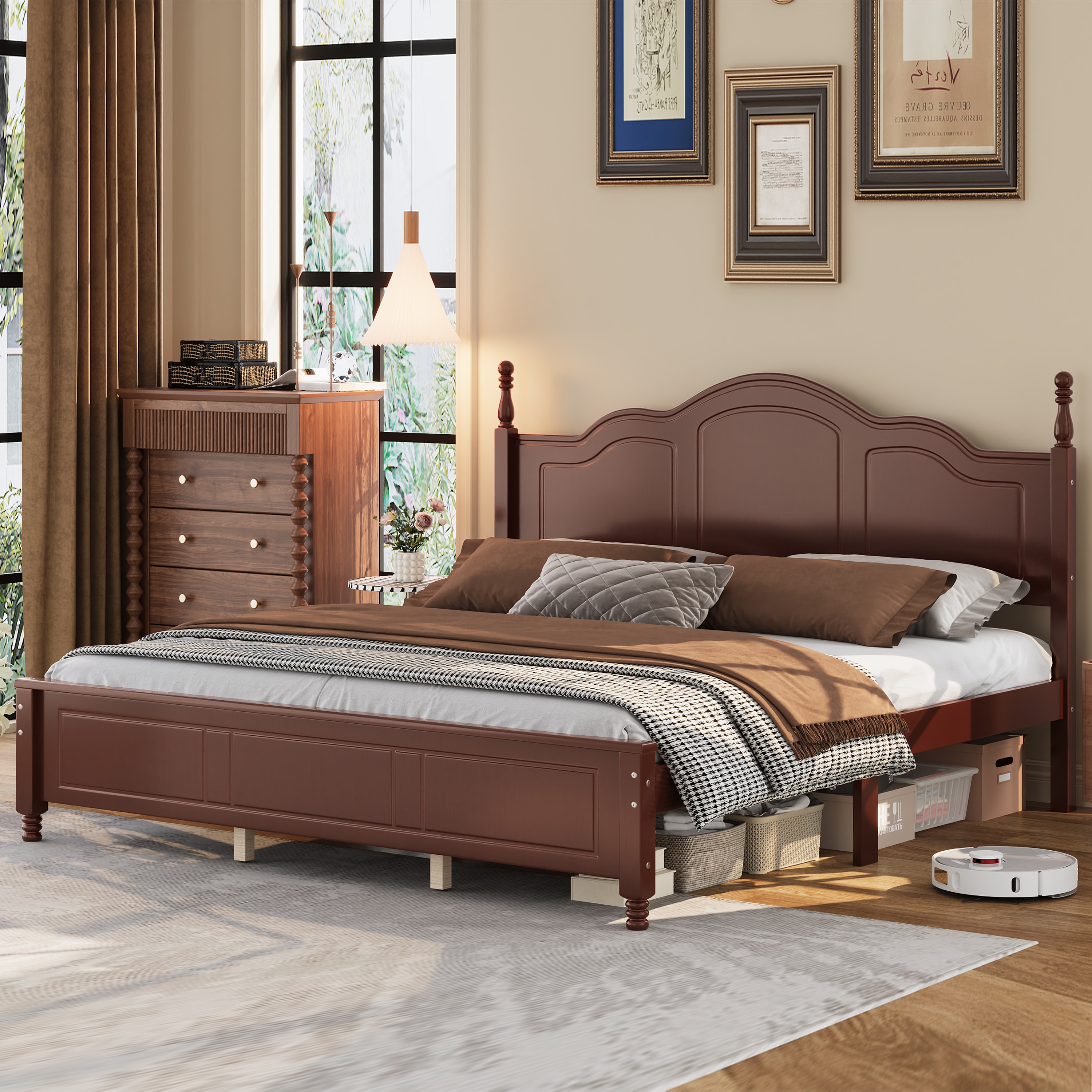 Tinyhomie King Size Platform Bed Frame with Retro Wave Headboard Wooden ...