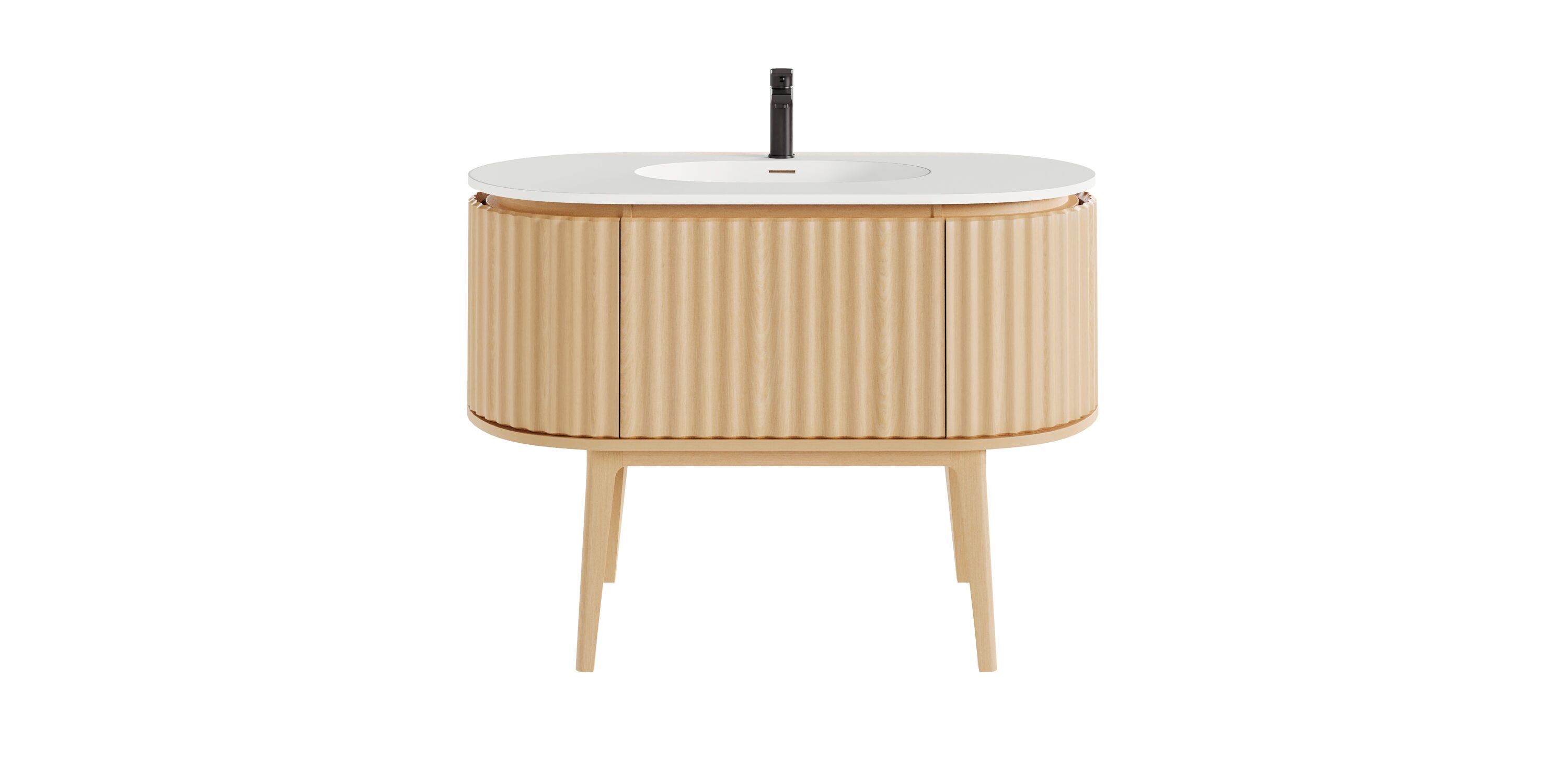 Natural Oak Freestanding Bathroom Vanity with White Solid Surface Top