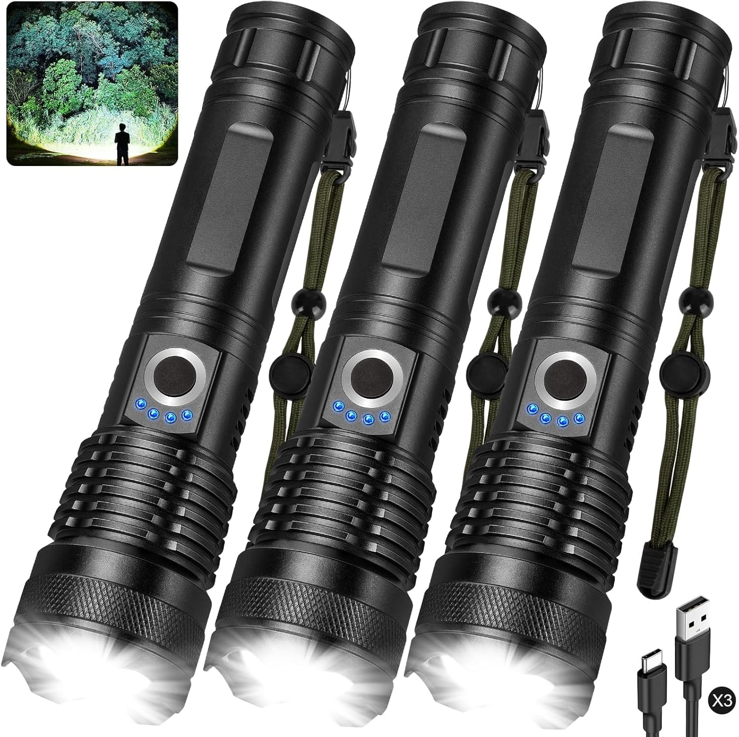 Justincity  3 Pack Rechargeable LED Flashlights 990000 Lumens Adjustable Beam 5 Modes IPX7 Waterproof Aluminum Handheld Lights for Camping Hiking Emergency