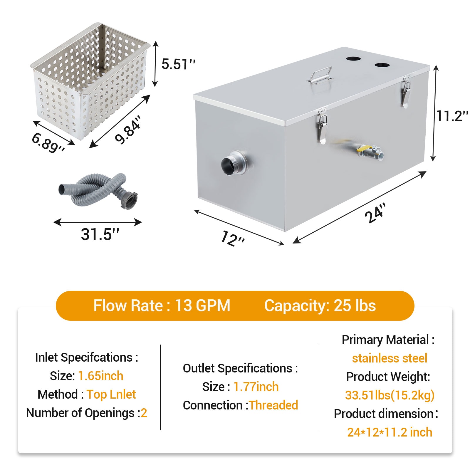 Garvee 24 x 12 x 11.2 Inch Stainless Steel 3 Stage Grease Trap 25 LBS ...