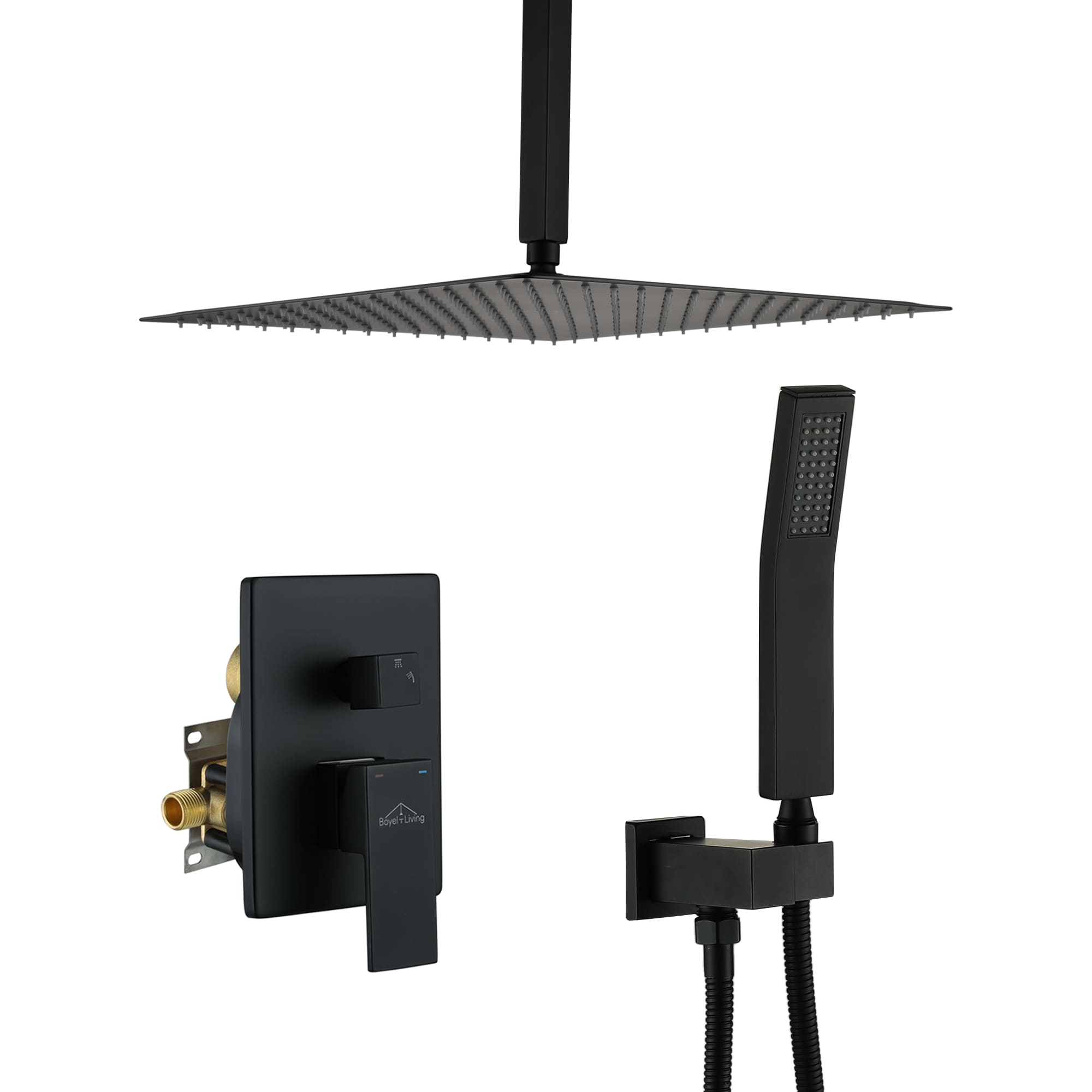 Clihome CHMS-16MB-A3806 Black 16-in Dual Head Built-In Shower Faucet System with 2-way Diverter (Pressure-balanced Valve Included)