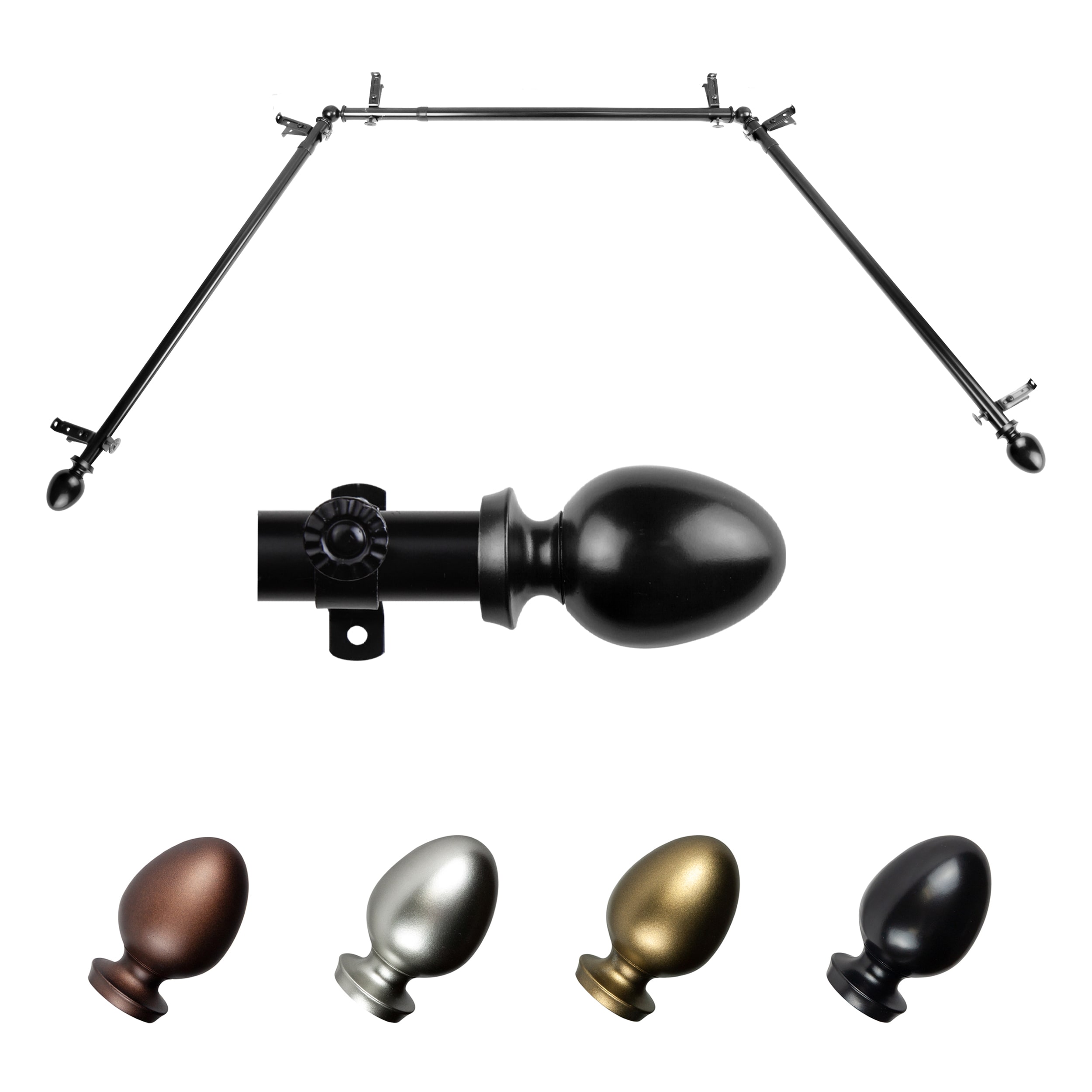 Hart & Harlow L-ABAY-75-2 Emilie 13/16-in 38-in to 72-in Black Steel Bay window curtain rod with Finials
