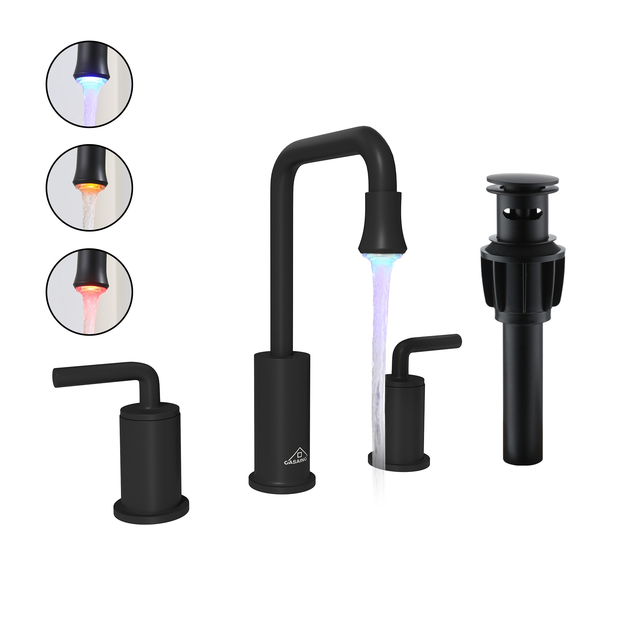 CASAINC KCLT0036MB LED Basin Faucet Matte Black Widespread 2-handle Mid-arc Commercial/Residential Handle Bathroom Sink Faucet with Drain with Deck Plate