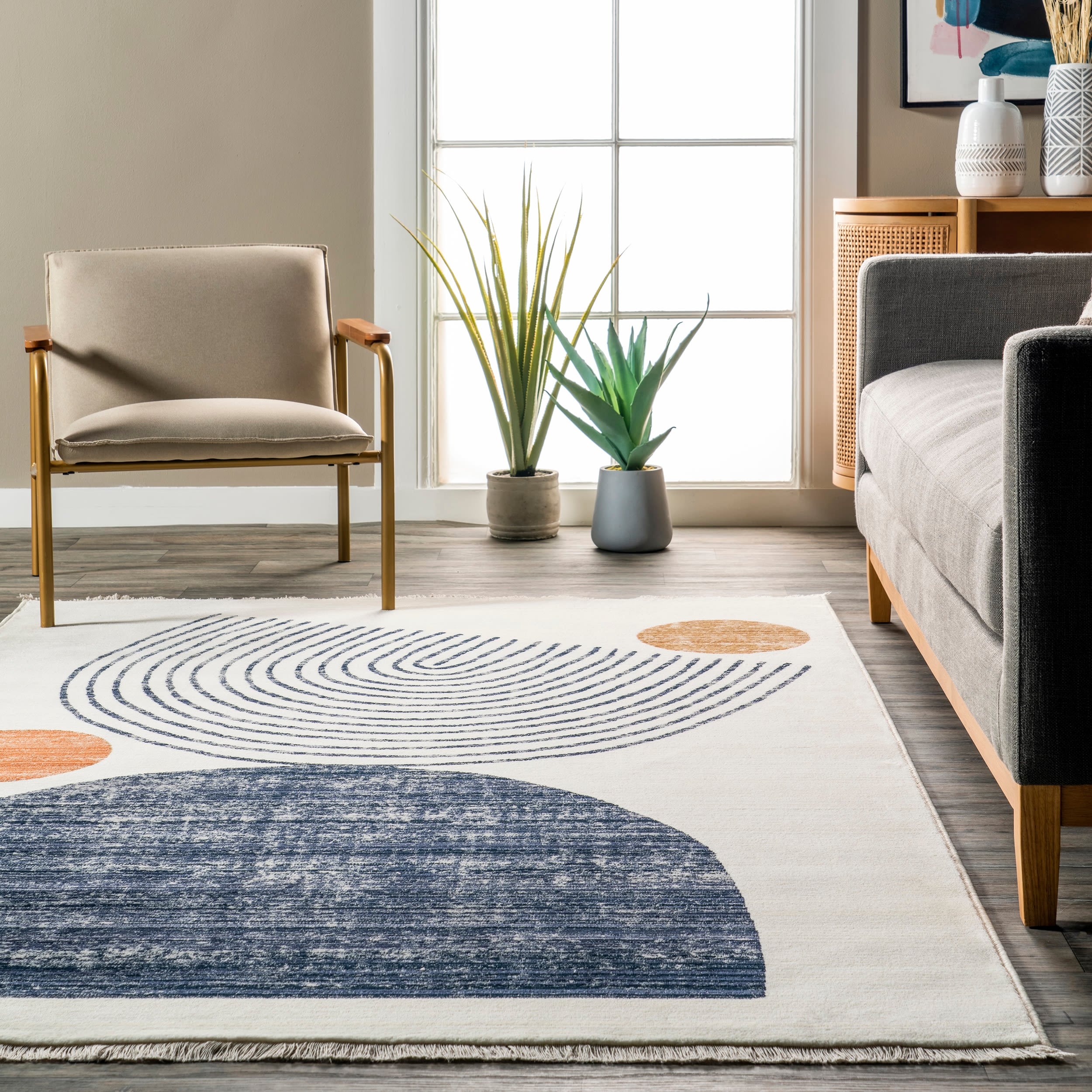 Beige Abstract Synthetic Washable Area Rug with Fringe
