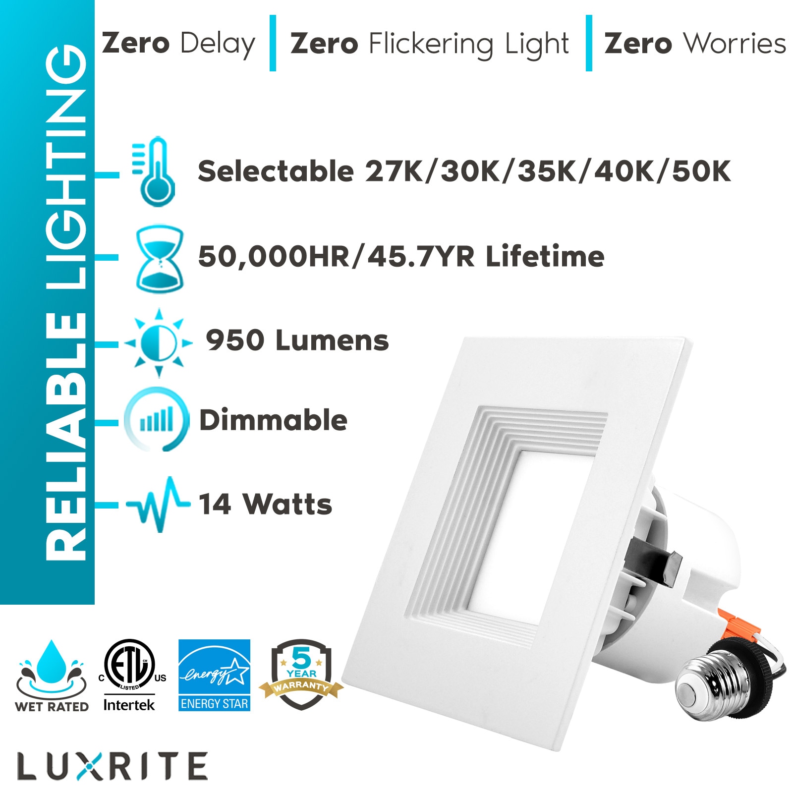 Luxrite white 4 in 950 lumen switchable white square dimmable led