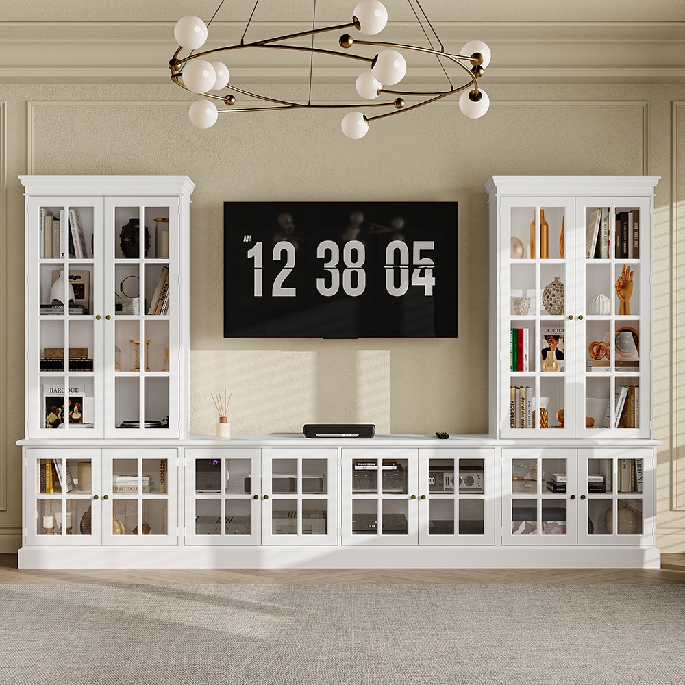 Homsee V-KF390114-01-ABC White Modern Entertainment Center with TV Stand Bookshelves and Floating Shelf MDF Media Wall Unit with Drawers and Cabinets for Living Room Storage