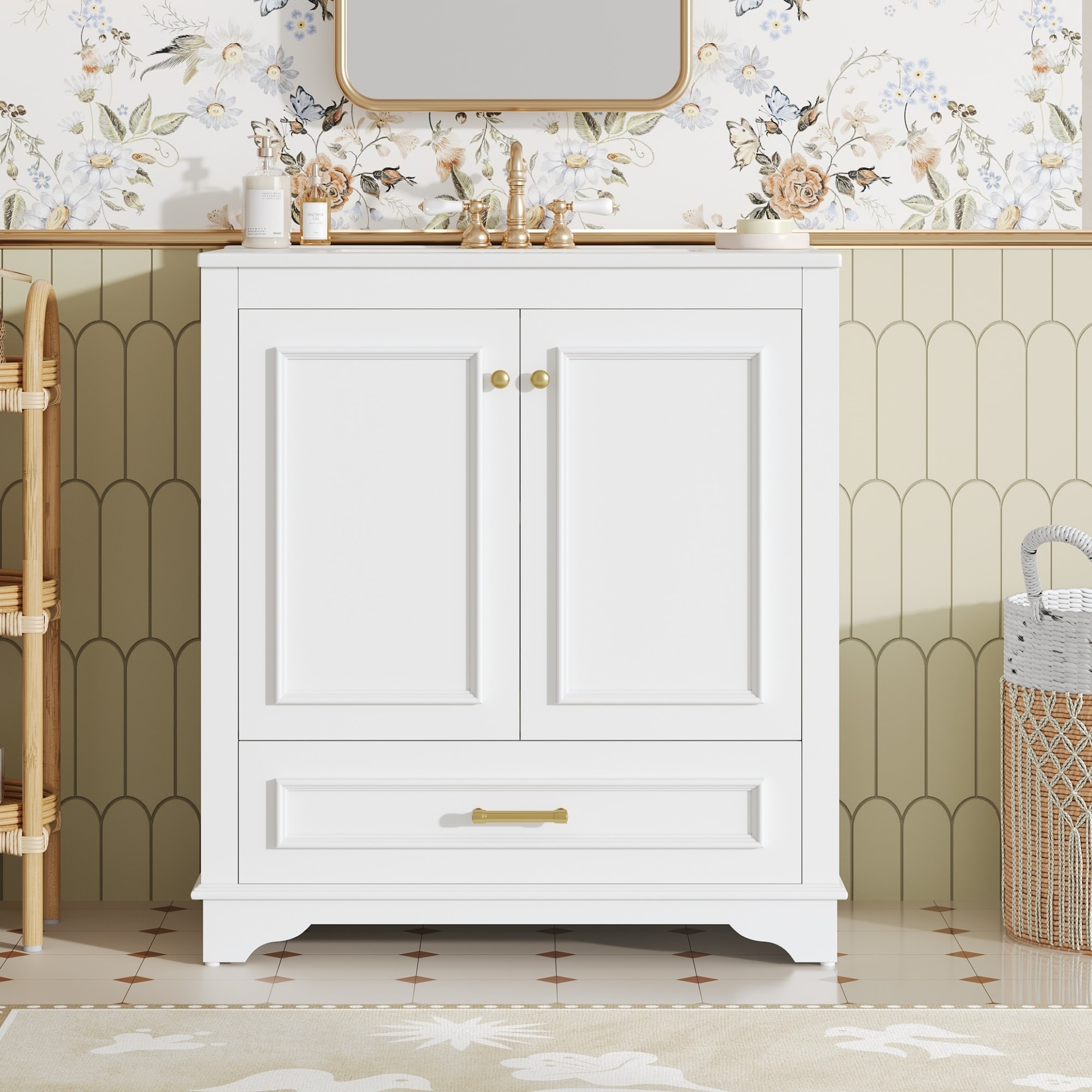 LOVMOR SF-J-N710P317676K 30in Luxurious Bathroom Vanity with Ceramic Sink Bathroom Vanities Cabinet with 2 large Soft Closing Doors Solid Wood Frame Bathroom Storage Cabinet