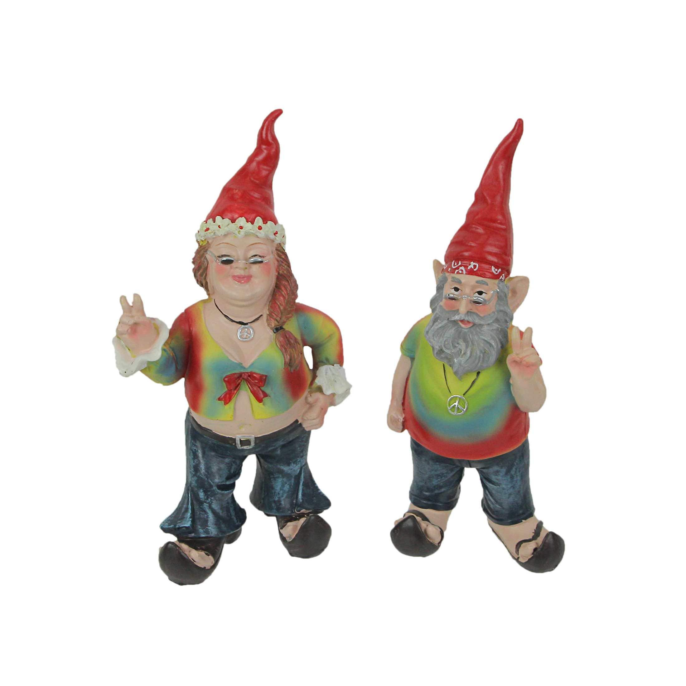 Zeckos ZKO-99267 Gnancy and Gnarley Hippie Gnome Garden Statues - Peace- Love- and Tie-Dye Decor - 8.25 Inches High- Resin- Multicolored- Outdoor Summer Decoration- Front Porch Greeter - Set of 2