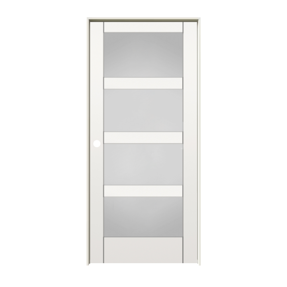 RELIABILT 10129515 28-in x 80-in primed Solid core 4 panel square Frosted glass Right hand Smooth Primed MDF Flat Jamb Single Prehung Interior Door