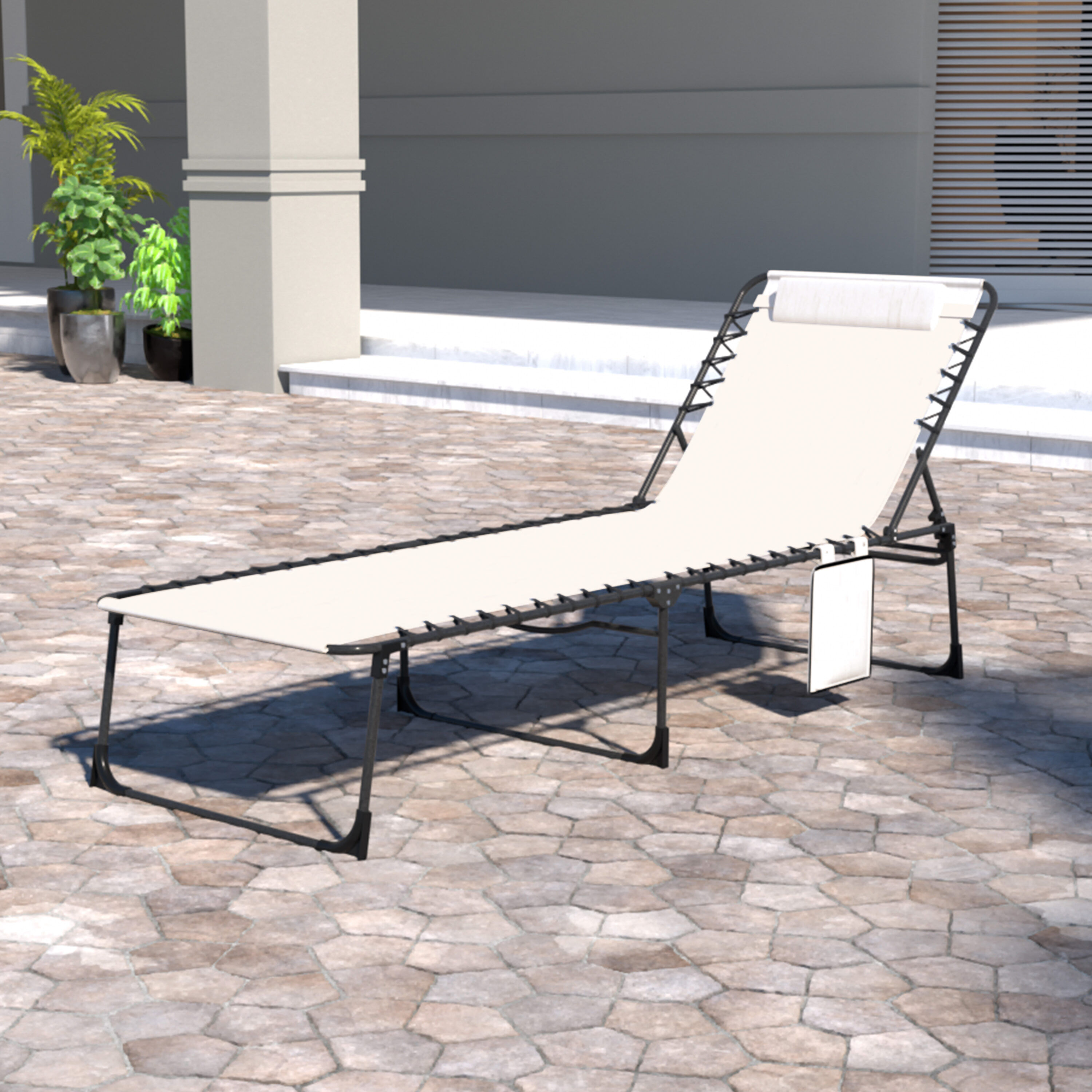 VEIKOUS PG0208-01CW-1 Stackable Cream White Steel Frame Stationary Chaise Lounge Chair with White Sling Seat