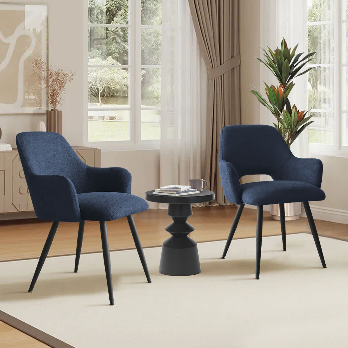 Maison Boucle EDWIN-ACHR-BLUE-2 Set of 2 Modern Blue Upholstered Dining Chairs with Arms Open Back and Metal Legs for Kitchen