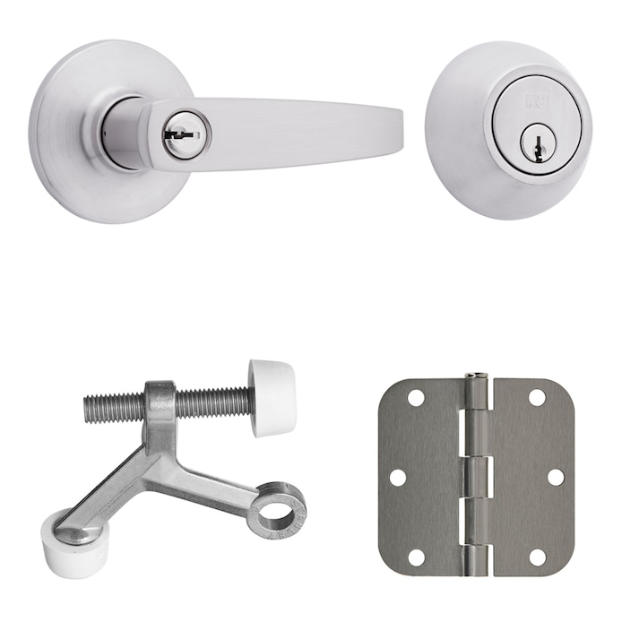 RELIABILT  Traverse Stainless Steel Keyed Entry Door Handle Single Cylinder Deadbolt Combo Pack with matching 3-1/2-in H x 5/8-in Radius Interior Door Hinge and Door Stop Set