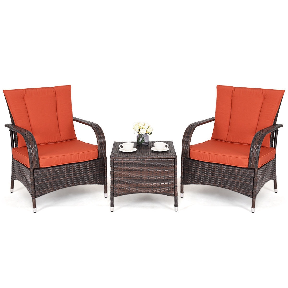 CASAINC WF-HW58621OR 3-Piece Rattan Patio Conversation Set with Brown Cushions