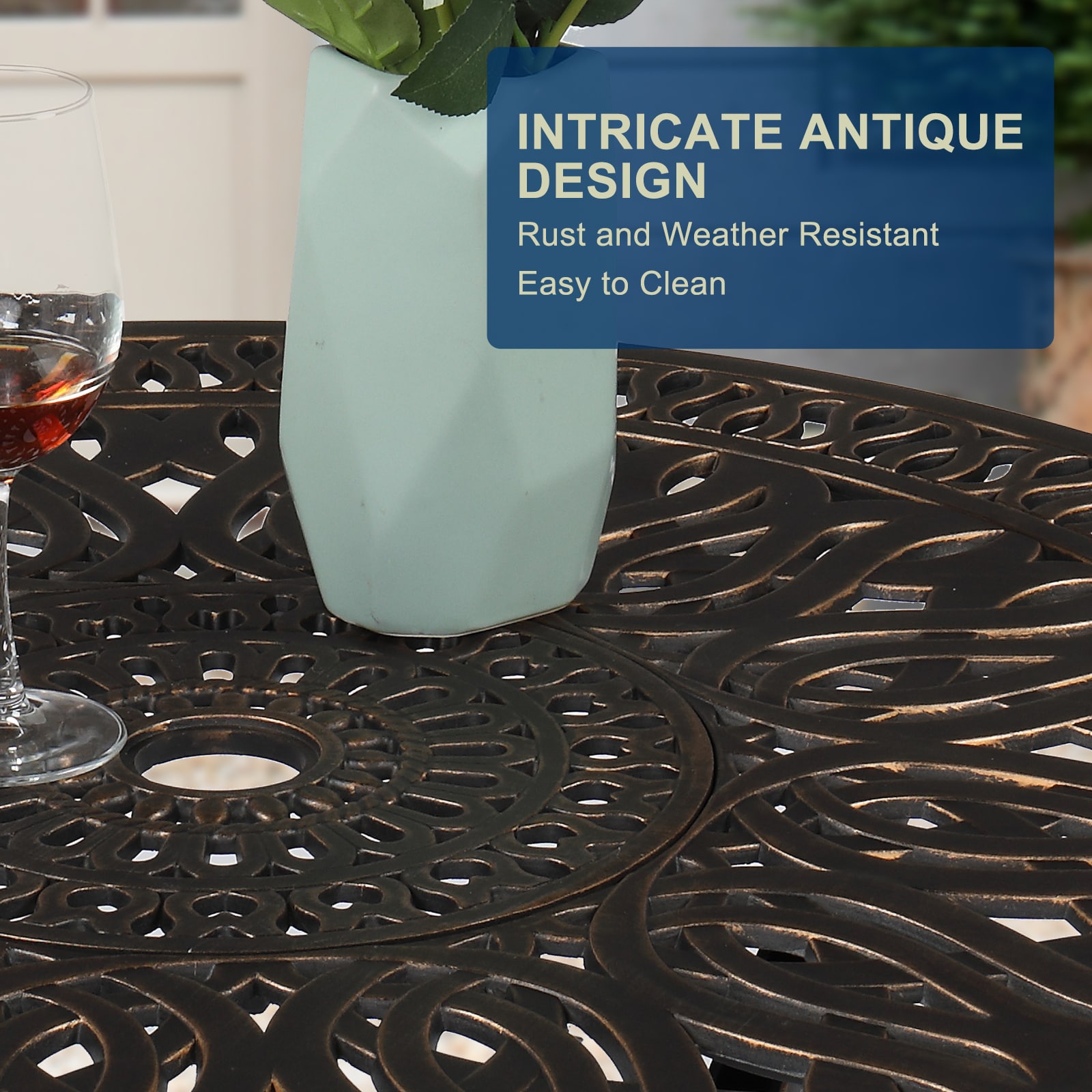 Round Deep Bronze Aluminum Outdoor Dining Table with Umbrella Hole