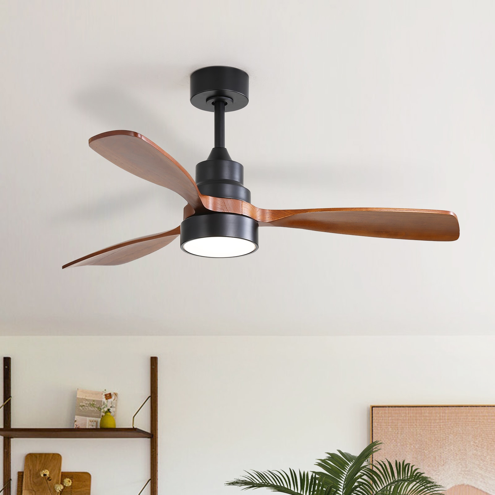 Sofucor LS-48K006-BK-HTM-50 Nicola 48-in Integrated LED Black with Brown Blades Ceiling Fan With Light and Remote ( 3 -Blade )