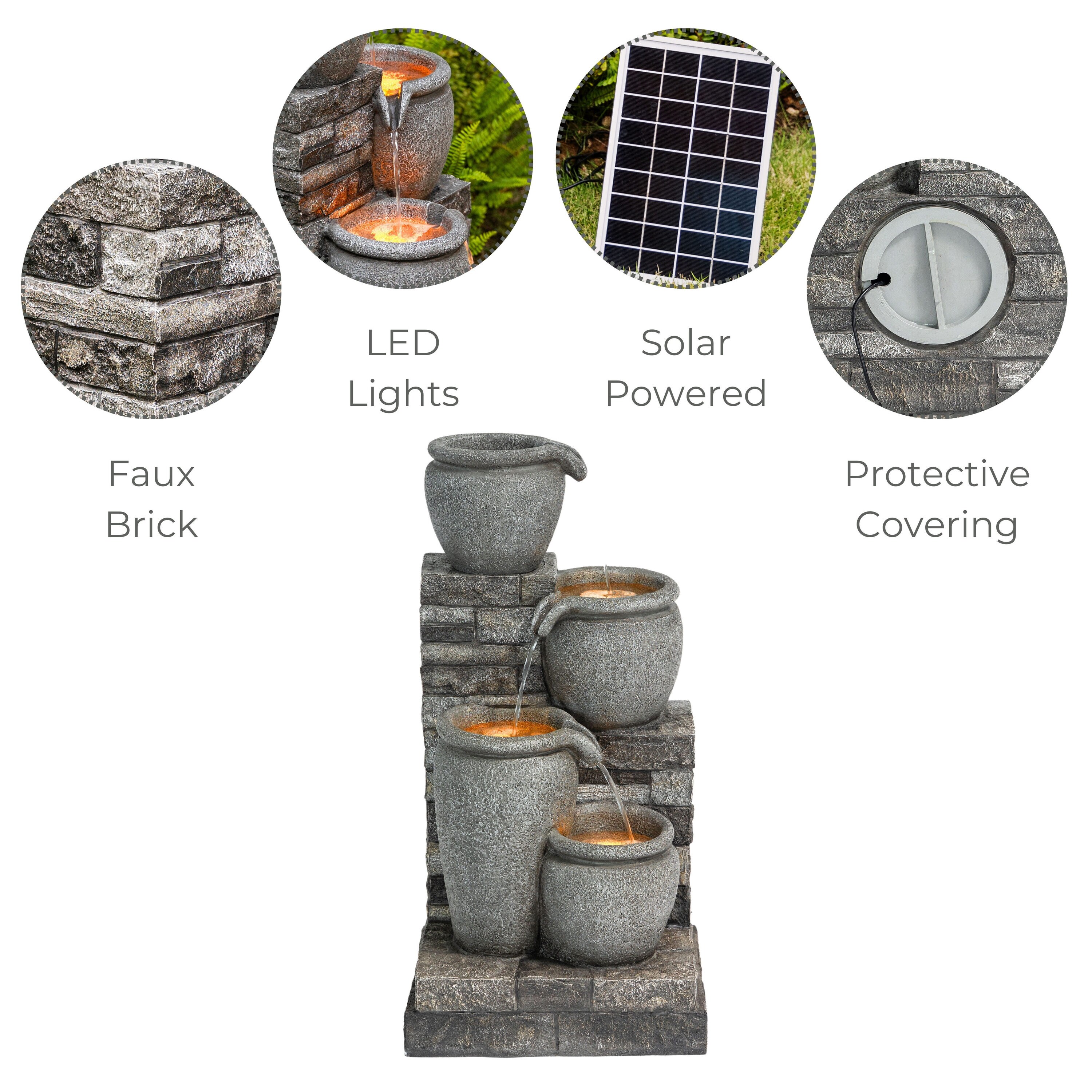 Gray Solar Powered 4-Tier Cascading Bowl Outdoor Water Fountain