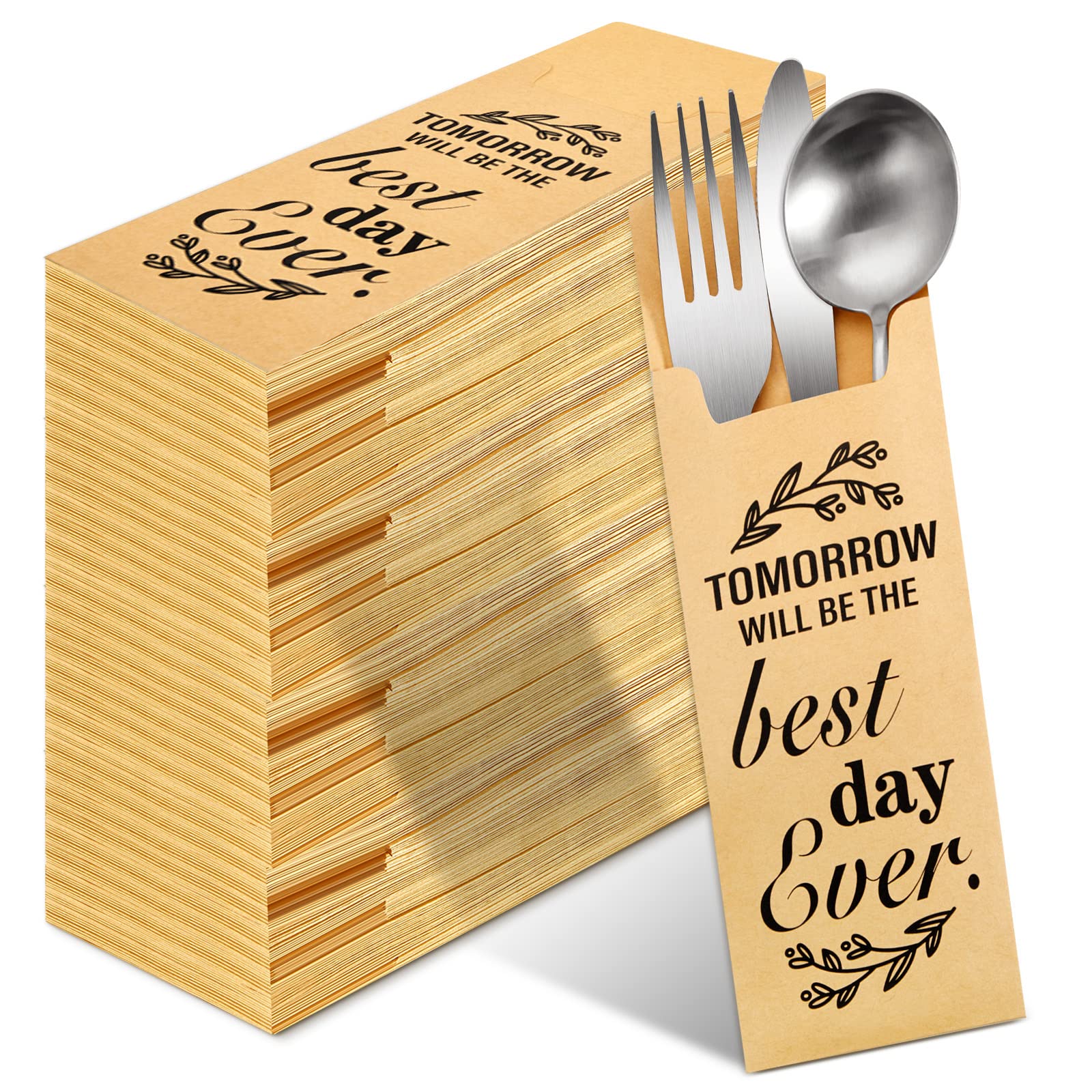 Aoibox  100 Pcs Kraft Paper Silverware Bags with Tomorrow Will Be The Best Day Ever Print for Wedding Dinner