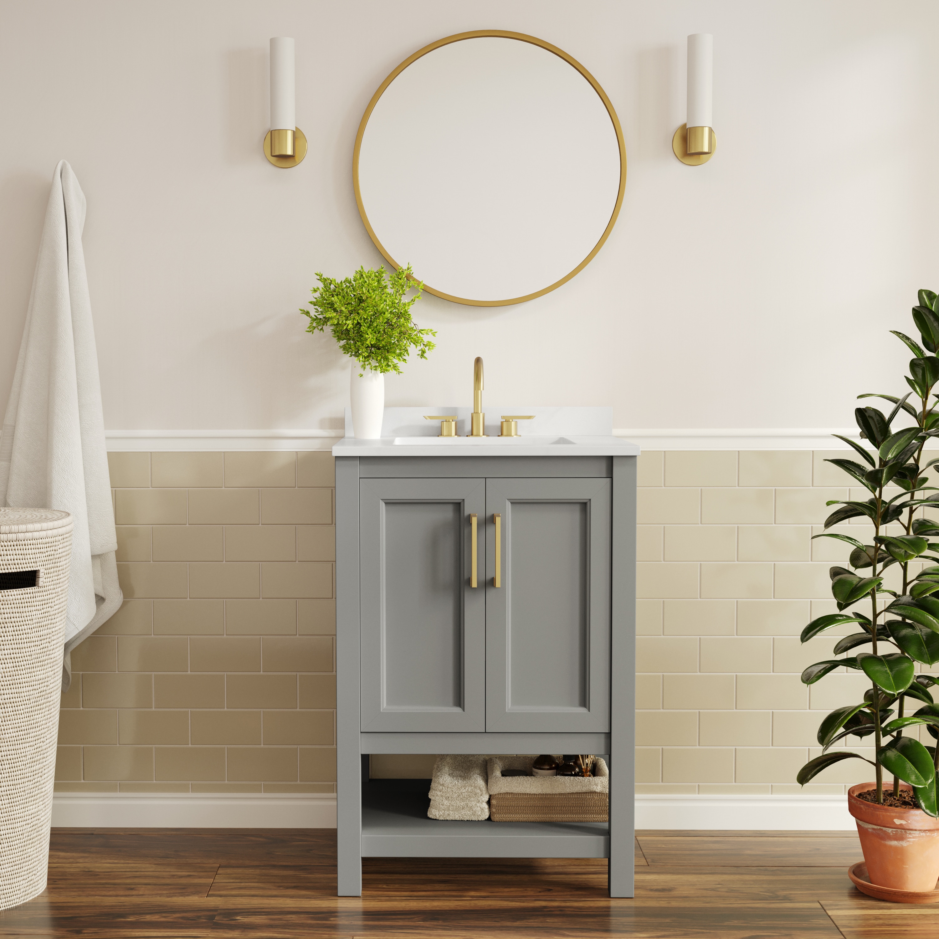 Flash Furniture Vega 24-in Bathroom Vanity with Sink; Storage Cabinet with Soft Close Doors and Open Shelf; Carrara Marble Finish Counter and Gold Hardware; Gray/White