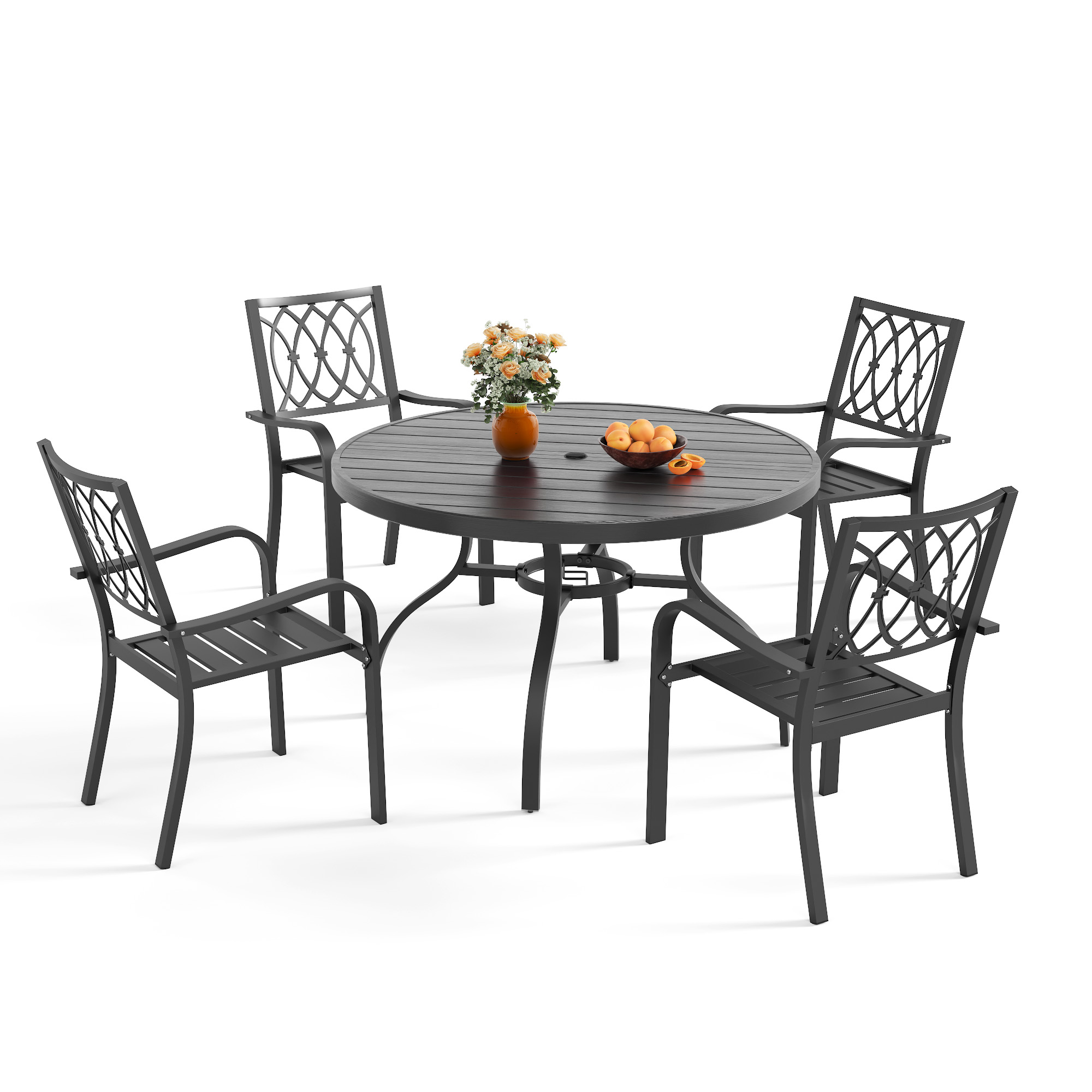 Clihome Patio Dining Sets 5 -Piece Black Patio Dining Set Aluminum Round Table with 4 Stackable Stationary Chairs