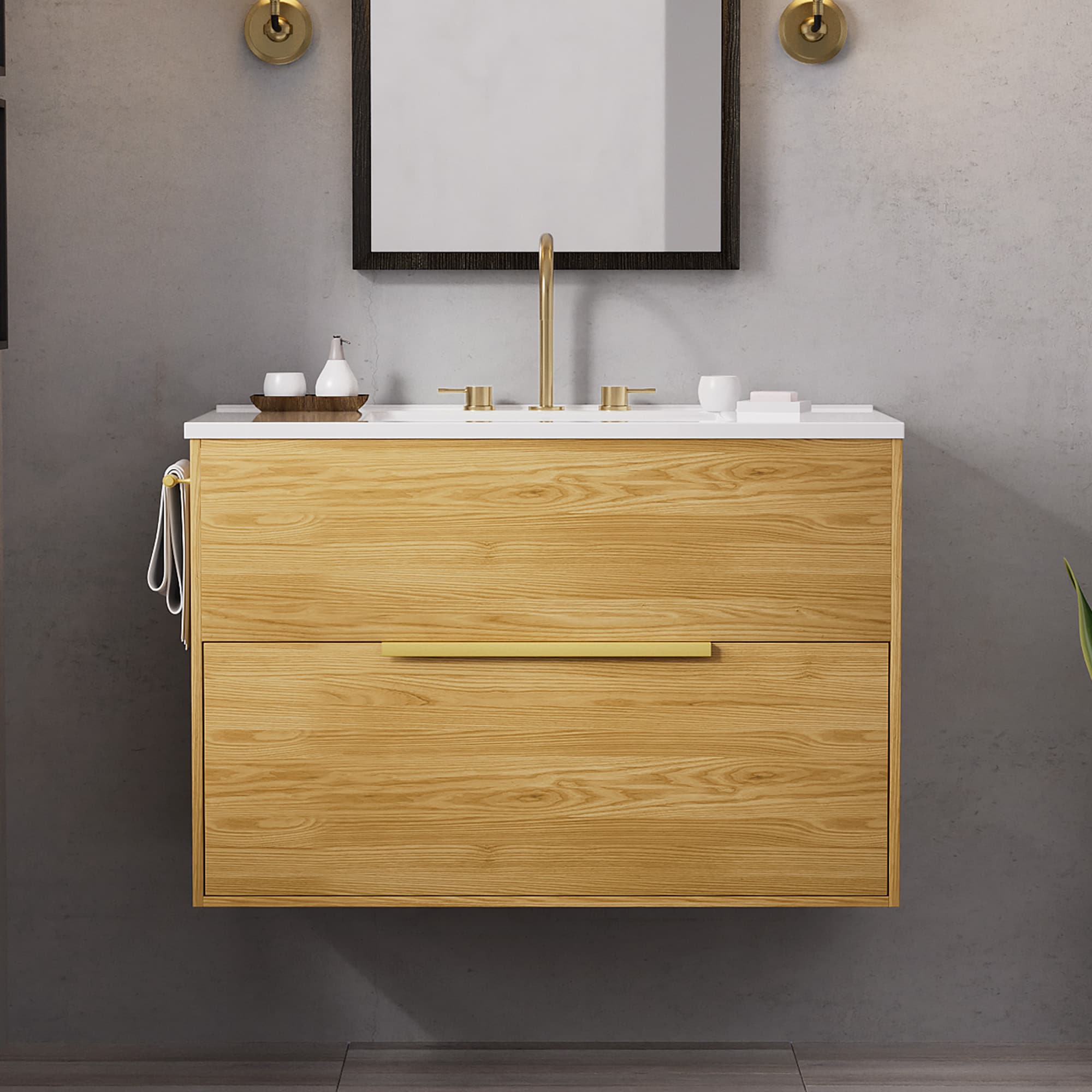 JEAREY JE-12JDP-GRAY Floating Bathroom Vanity 36-in burlywood Single sink Bathroom Vanity with White Polymarble Top