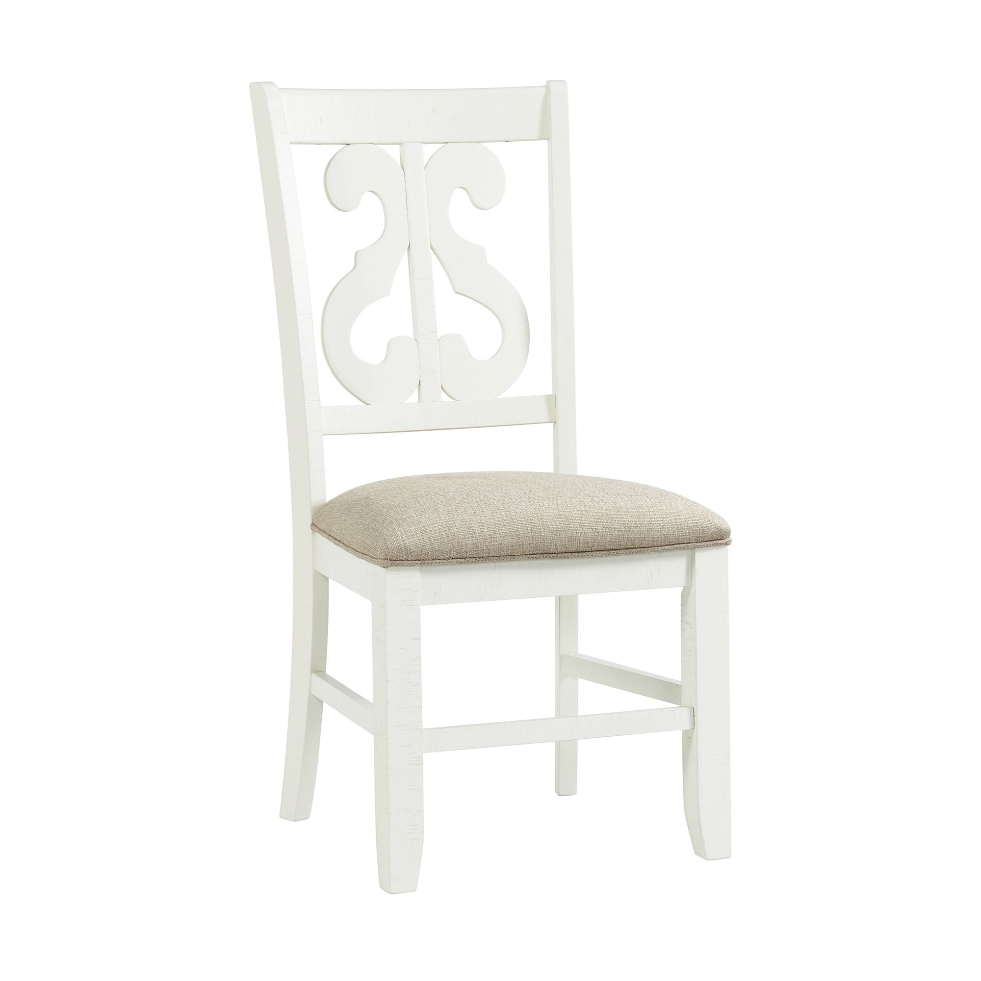 Elegant White Wooden Side Chair with Swirl Back Design and Upholstered Seat