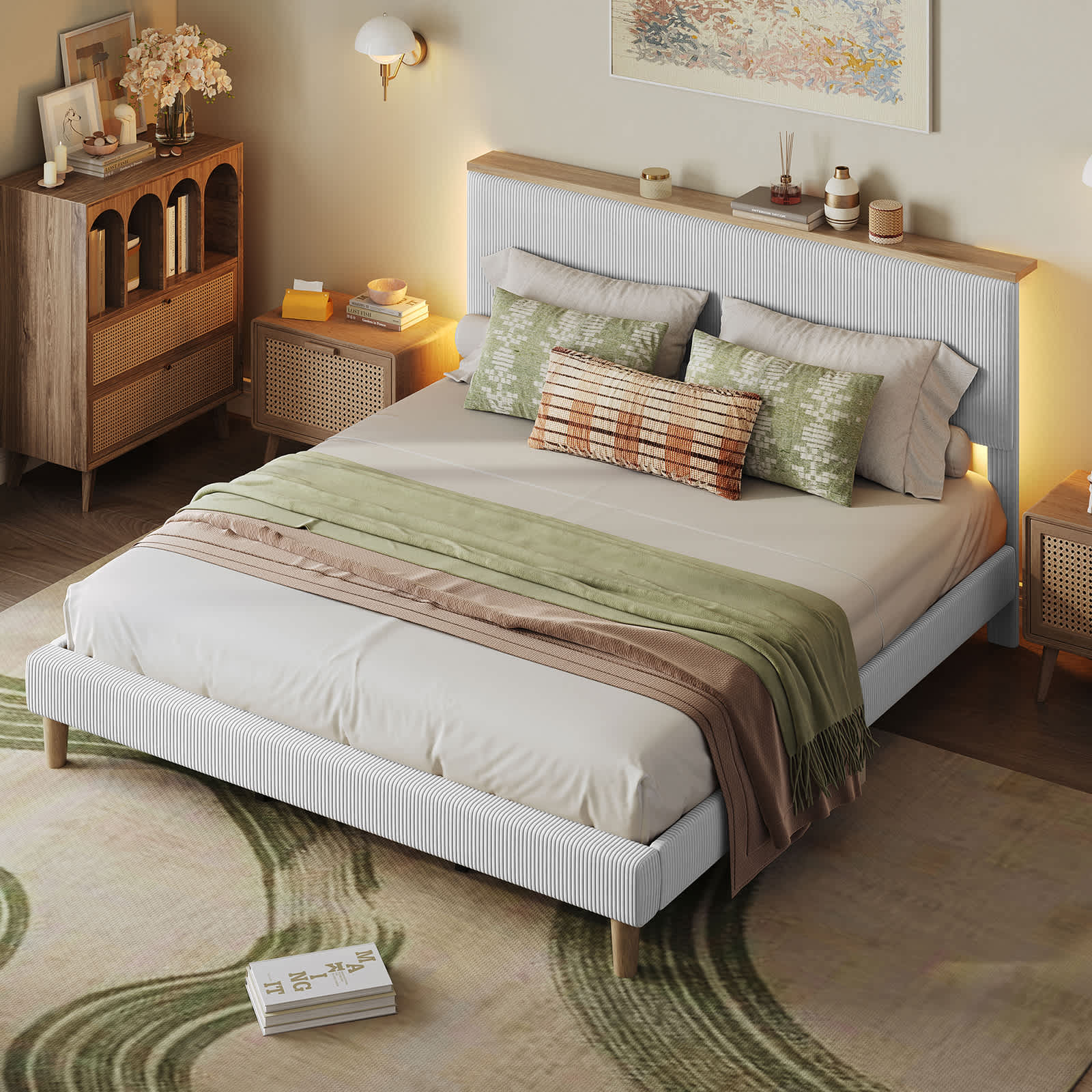 Bestier - King Size Upholstered LED Bed Frame with Adjustable Storage Headboard and Solid Wood Su...