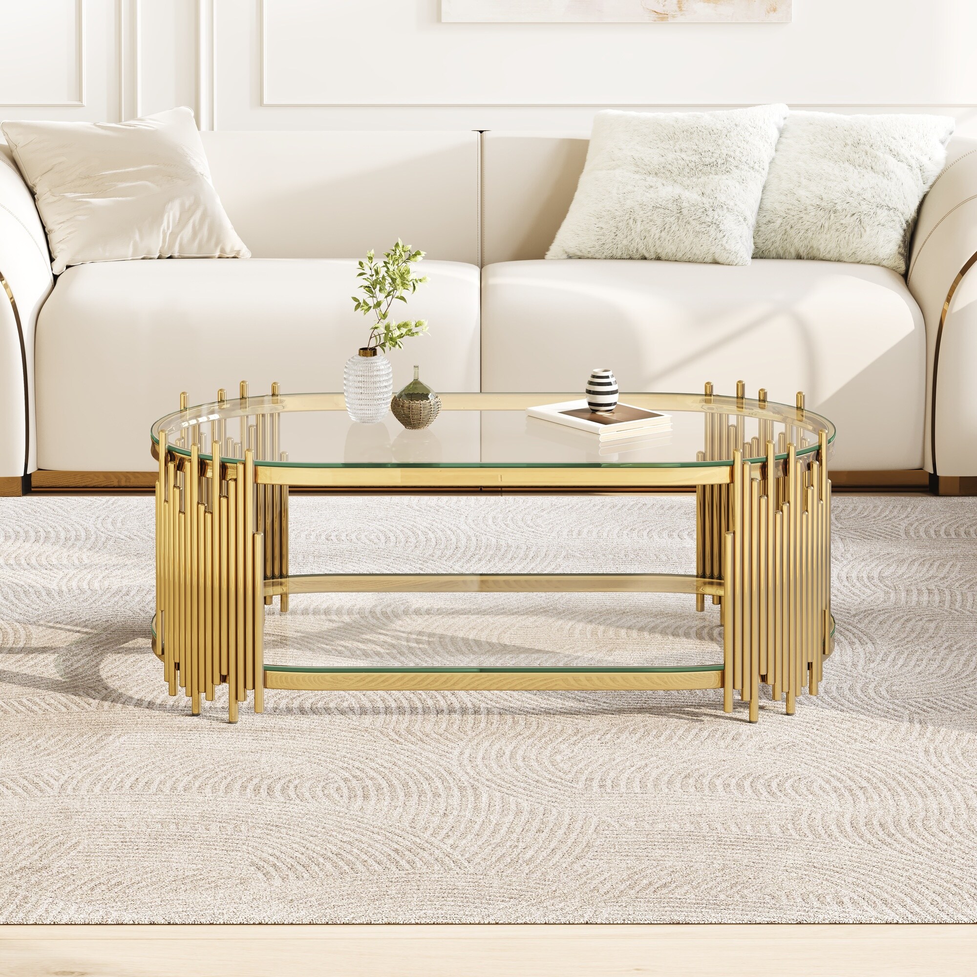 Vorene 47x23.6x17.7-in 2-Tier Glass Coffee Table Gold Organ Pipe Design ...