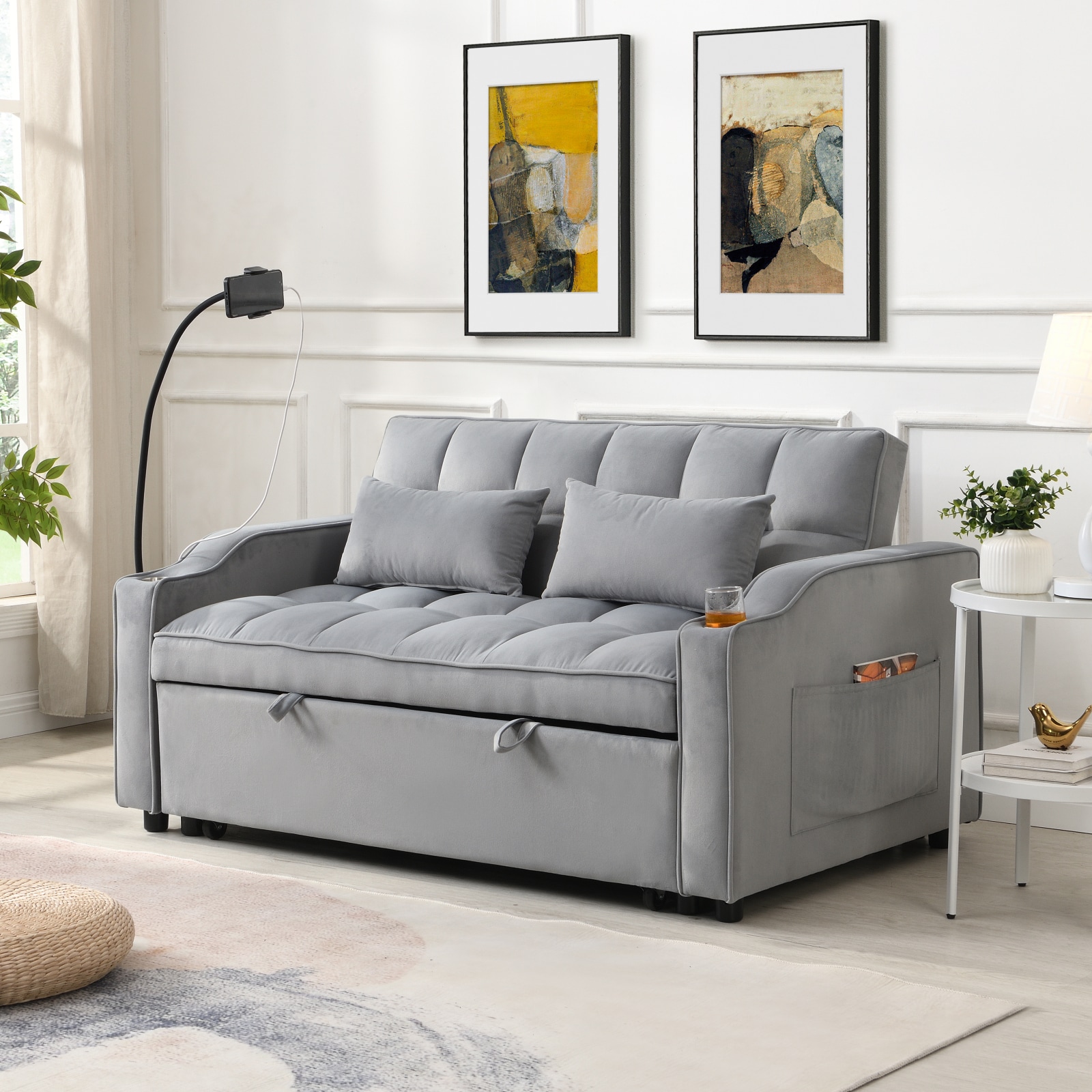 CHITA 70.2-Inch Modern Light Gray 3-in-1 Convertible Loveseat Sofa Bed with Pull-Out Bed USB Charging Included Pillows Reclining Design and Phone Holder