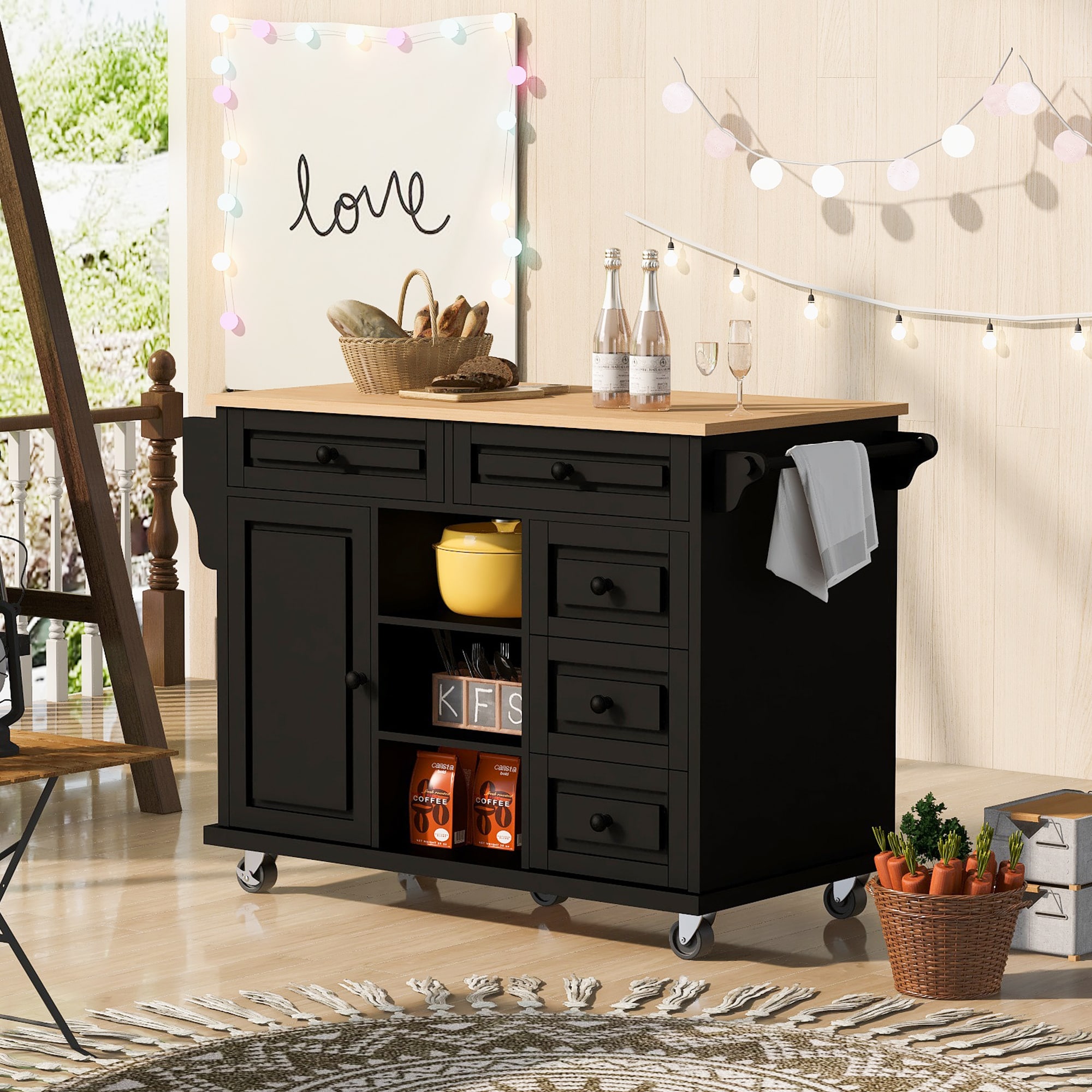 BABOOM BOM-7003AAB-OR Black MDF Base with Wood Wood Top Rolling Kitchen Island ( 18.1-Inches x 52.8-Inches x 36.2-Inches )