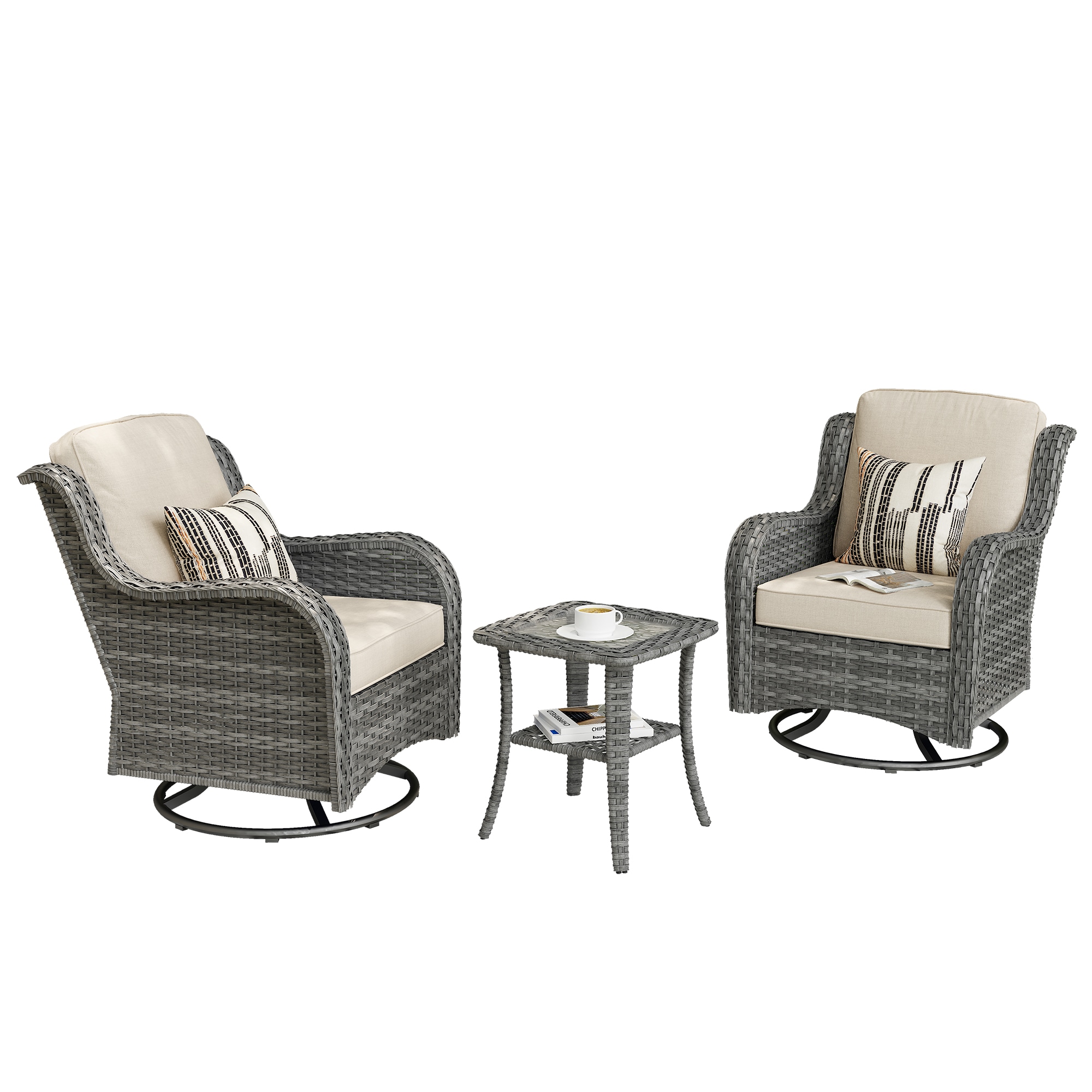 Pouuin SGRS102 Set of 2 Wicker Off-white Metal Frame Swivel rocker Rocking Chair with Off-white Cushioned Seat