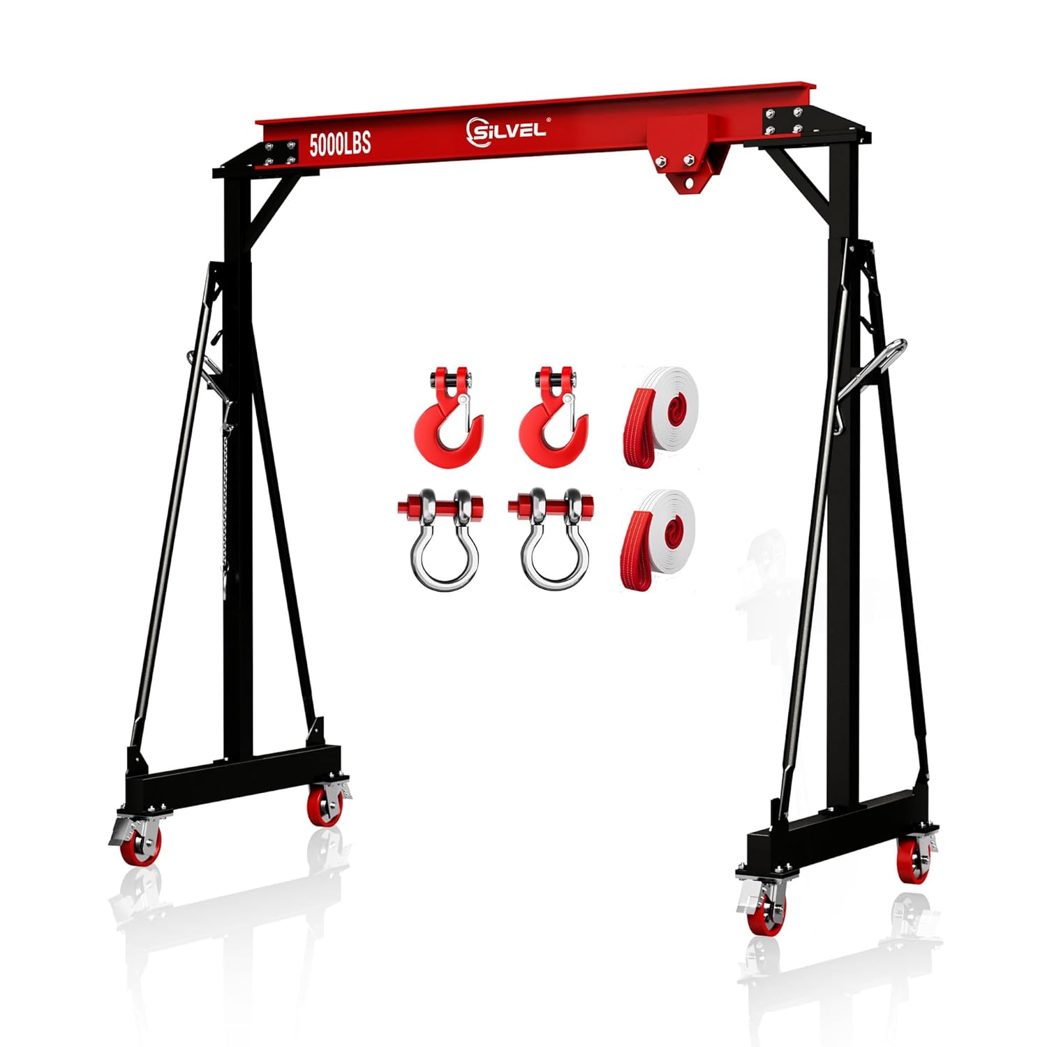 Silvel KF370113-01-TX 2 Ton 5000Lb Gantry Crane 9.06FT Maximum Width 8.53-12.47ft Adjustable Height Portable Shop Lift Hoist with 2 Ton Manual Trolley Red
