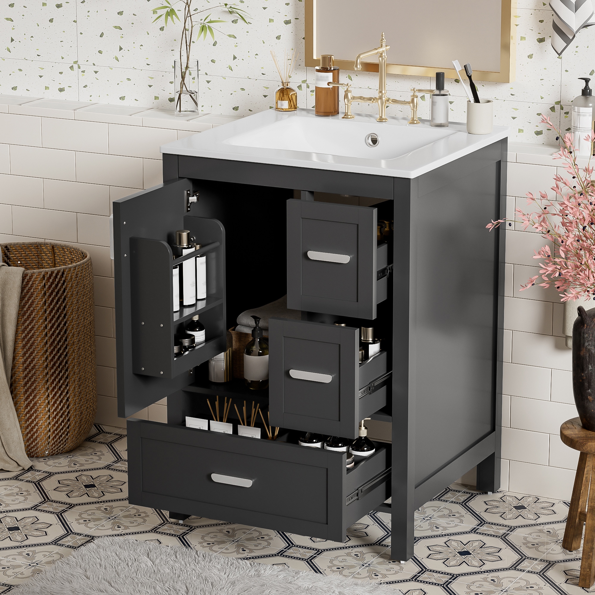 LOVMOR  24-in Single Sink Bathroom Vanity White Ceramic Top 3 Drawers Freestanding Soft Close 1 Doors Open Back Design Black