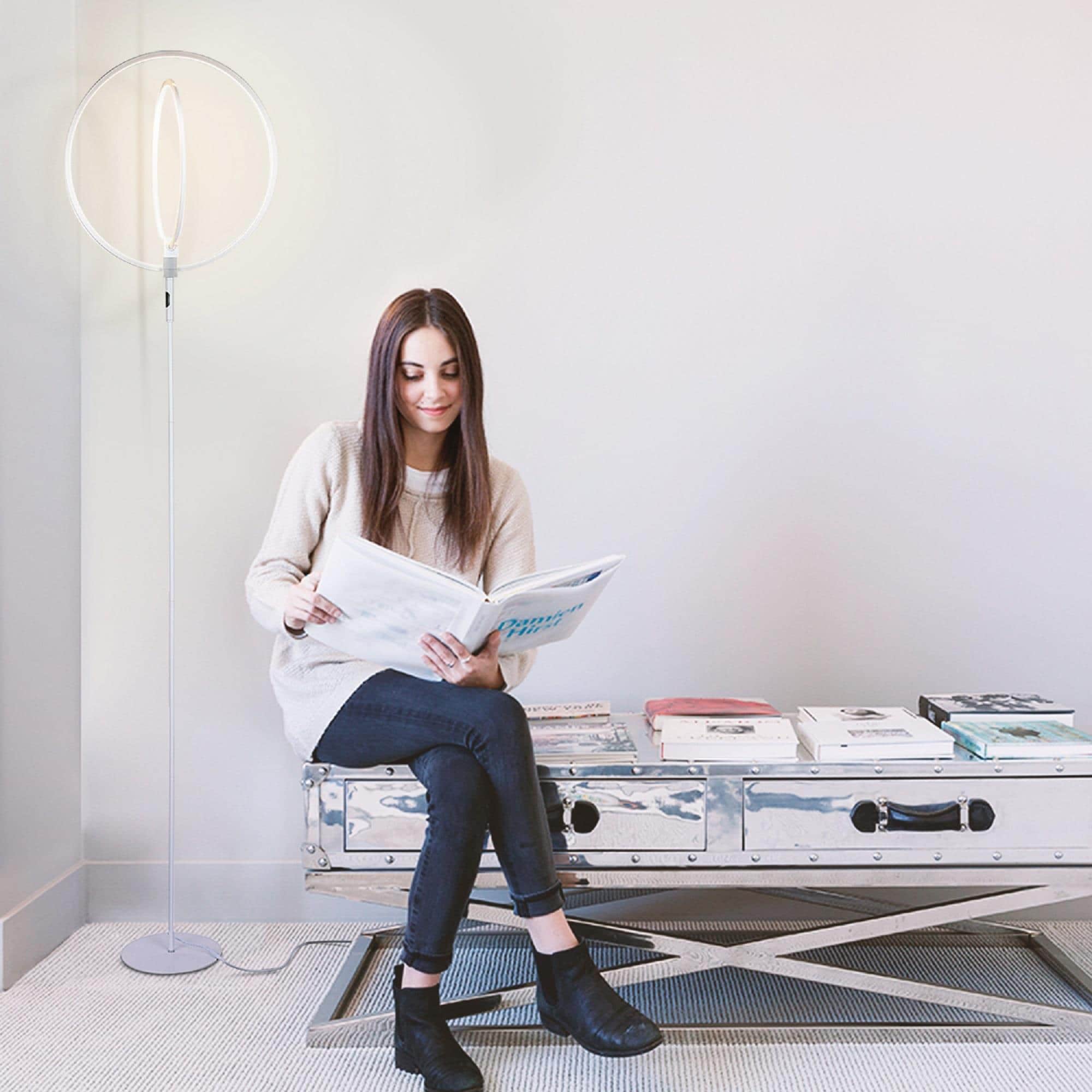 White Adjustable LED Touch Floor Lamp with Dual Rings