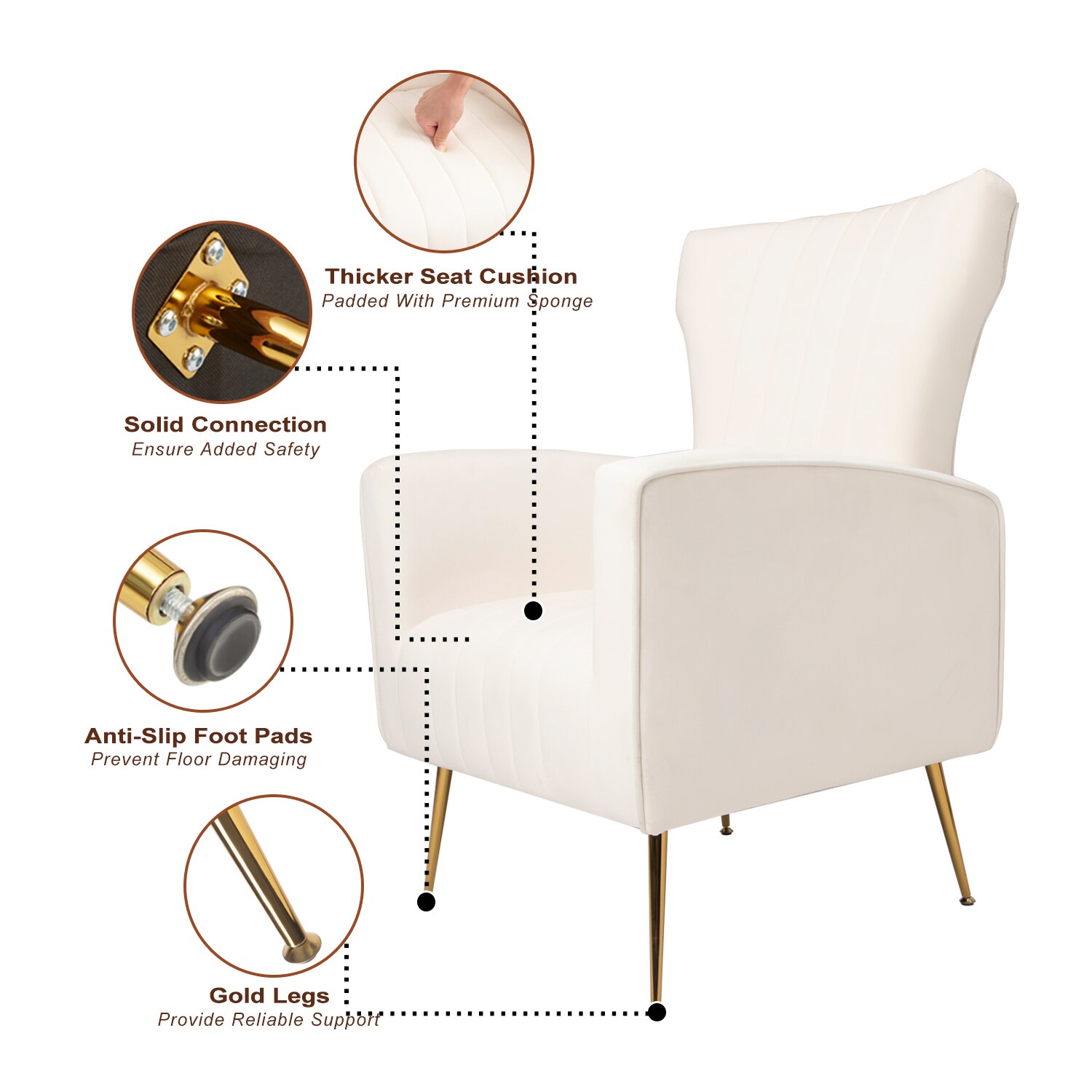 GZMR Velvet Accent Chair Modern White Velvet Wingback Chair in the