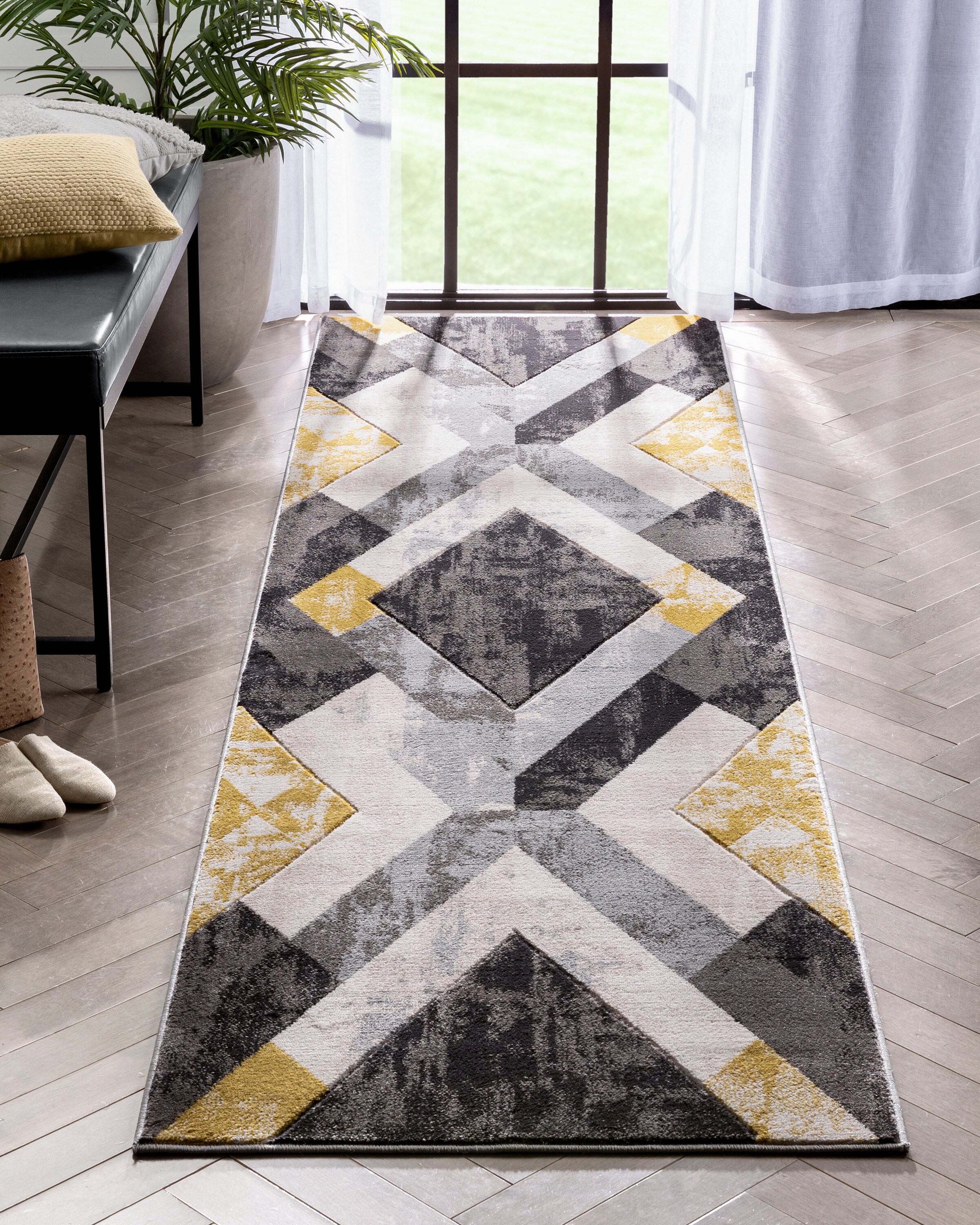Well Woven GV-101-2L 2 x 10 (ft) Loomed Polypropylene Gold Rectangular Indoor Geometric Mid-Century Modern Runner rug