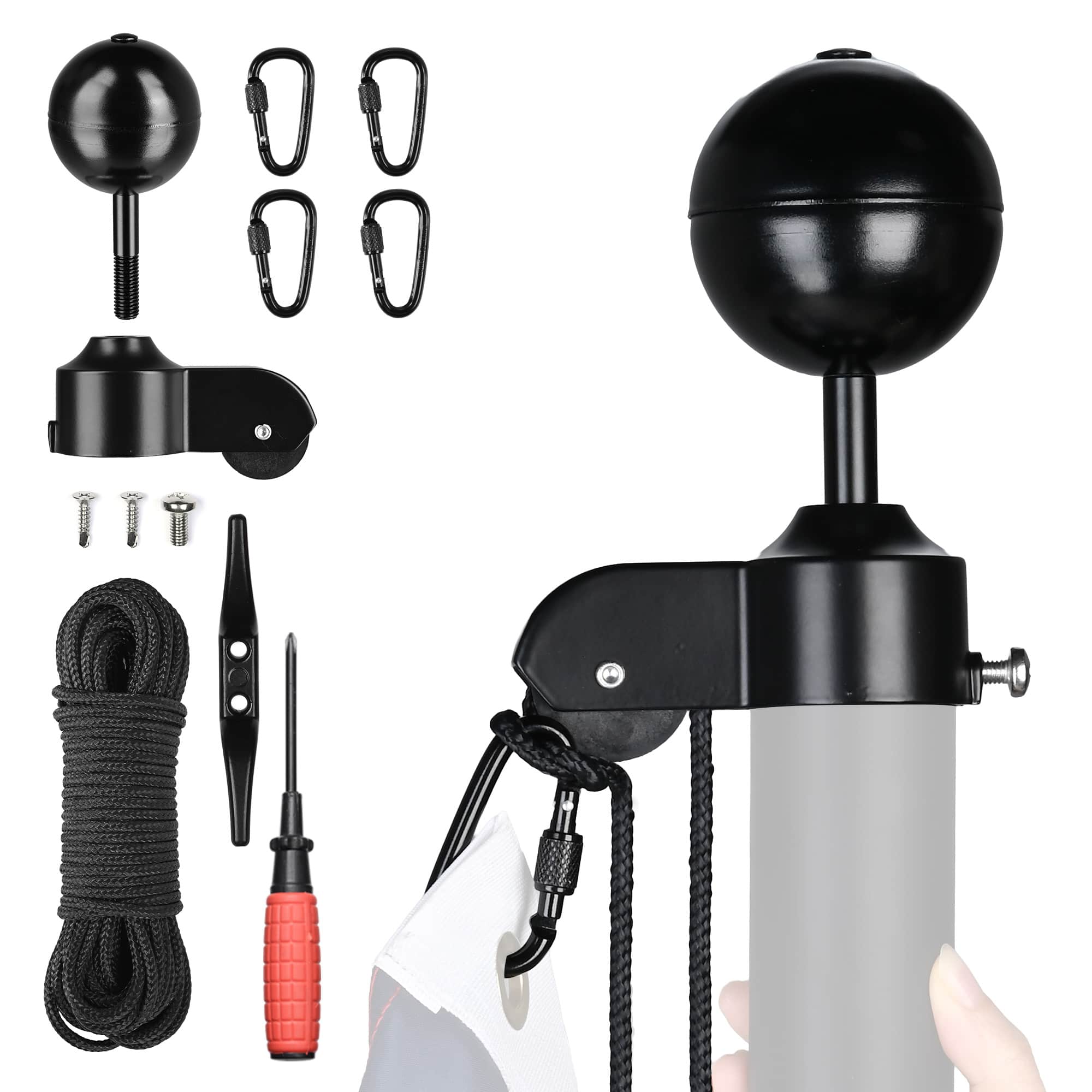 Yescom  ALL Aluminum Flag Pole Hardware Repair Kit 50-FT Wire Core Halyard Rope Black Ball Topper for 20/25/30 -FT Sectional Pole with 1 13/16-inch Dia.