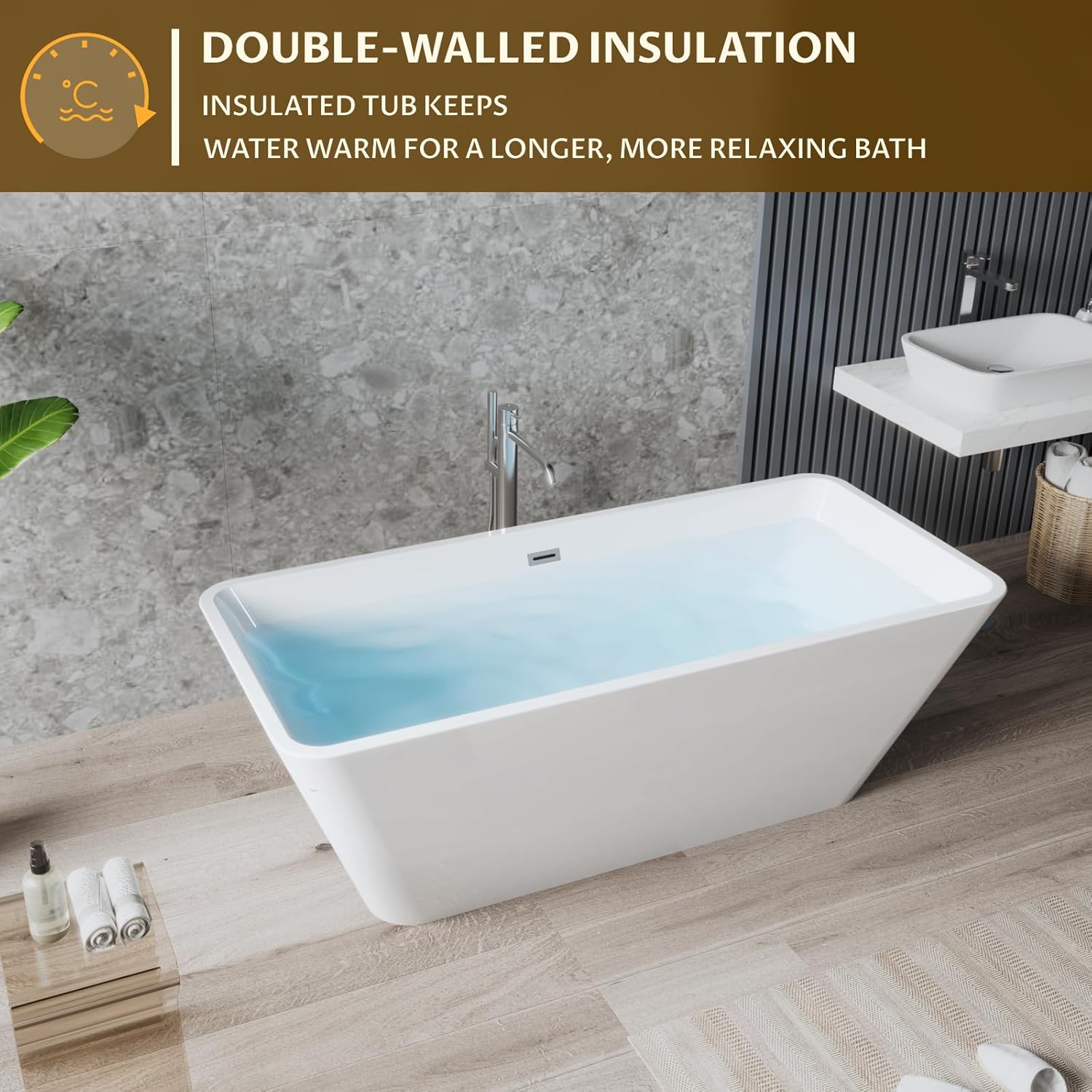 Qeetex PHO158WE32E 59 Inch acrylic freestanding soaking tub ergonomic contoured design with overflow drain kit lightweight bath for easy placement glossy white
