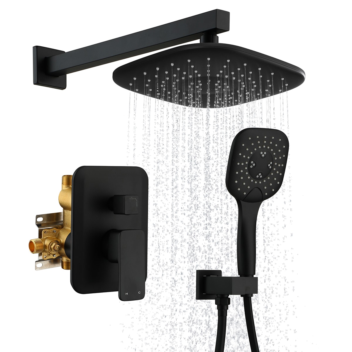 Mondawe KCHH0032-MB Matte Black 9-in Built-In Shower Faucet System with 2-way Diverter ( Pressure-balanced Valve Included )