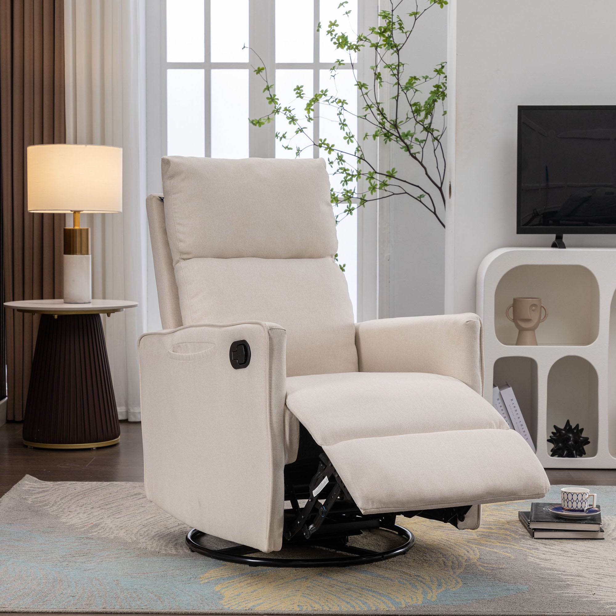 Clihome OF-1935WF60-AABR Swivel Rocking Chair Beige Linen Upholstered Swivel Recliner with Lift Assistance