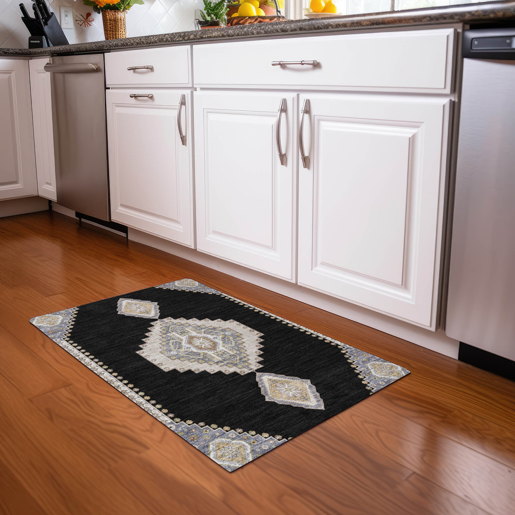 Addison 30" x 20" Blue and Black Synthetic Washable Rug