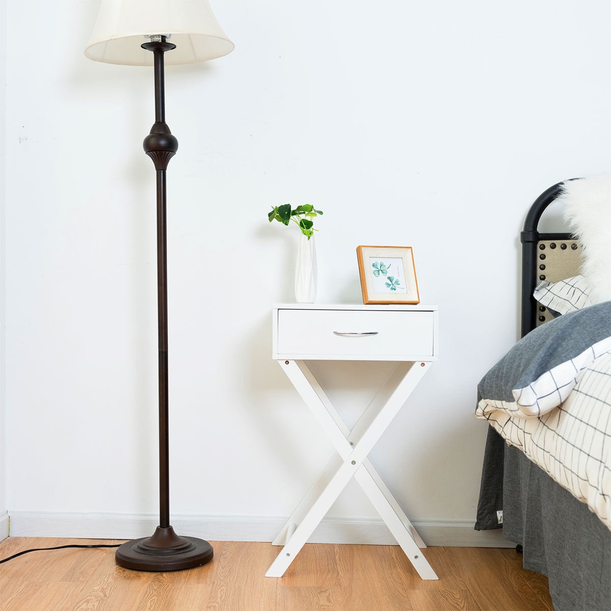 White MDF X-Shape Leg 1-Drawer Nightstand