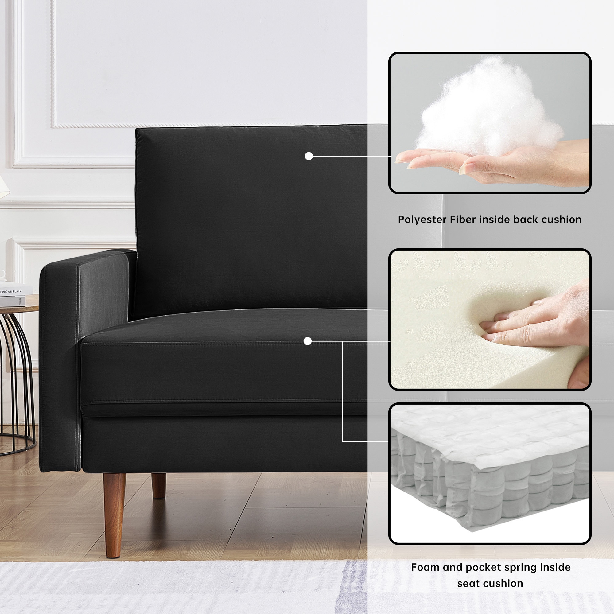 69 Inch Black Velvet Lawson Sofa with Wood Legs