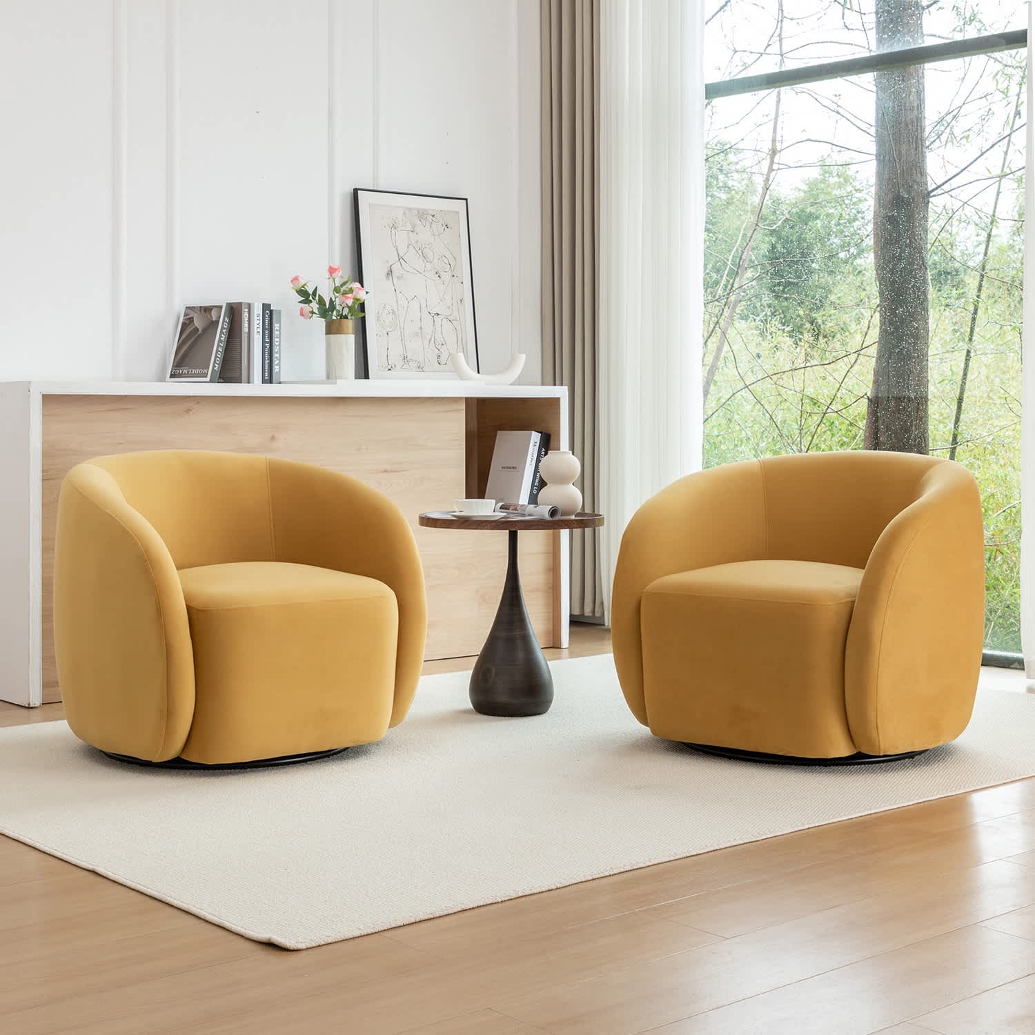 SEYNAR XY786-MUSTARD-S2 Modern Glam Velvet Upholstered 360 Degree Swivel Accent Armchair Set of 2