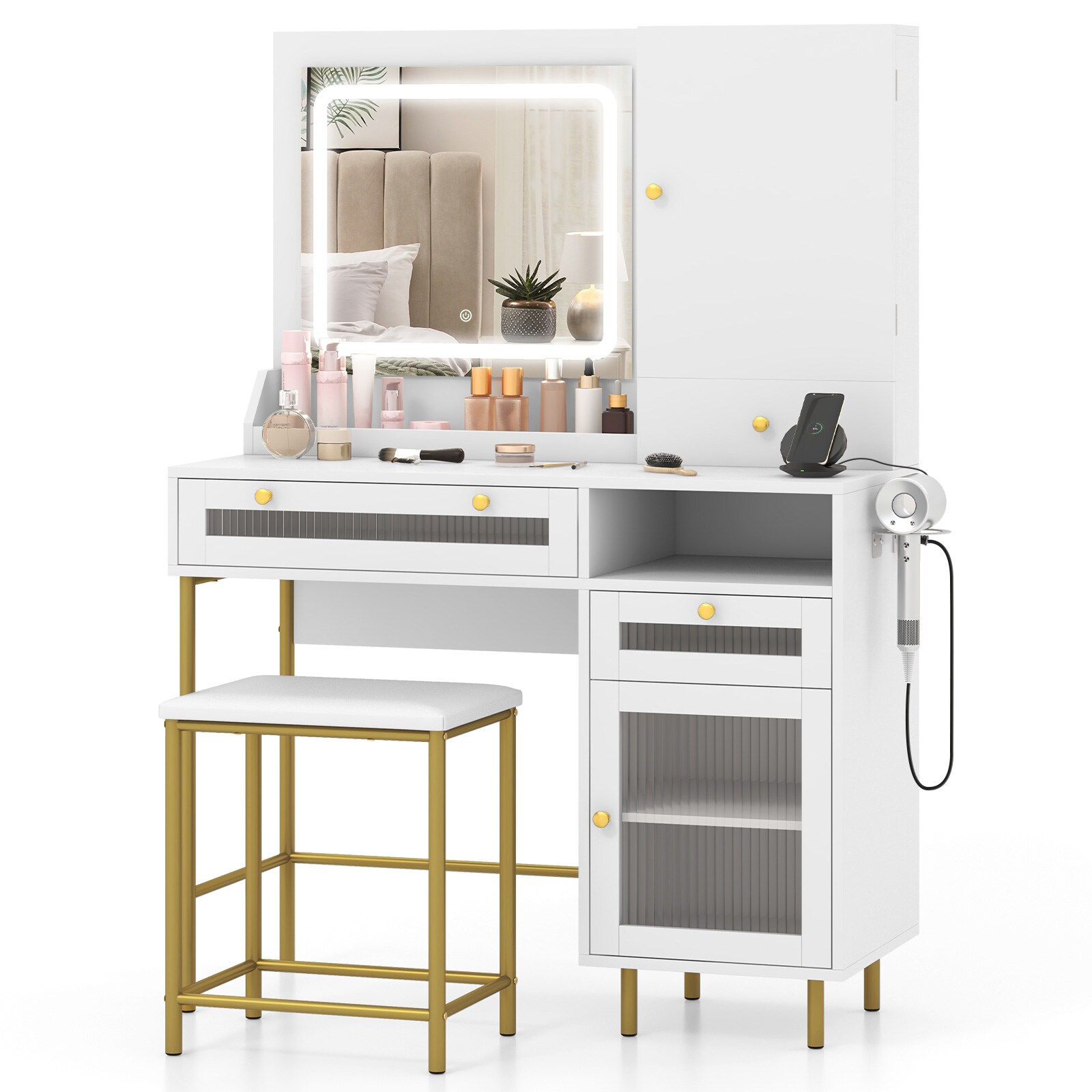 Slickblue D-CO-HW-SU35801UH 38-in White and Gold Makeup Vanity with Charging Ports Hair Dryer Rack and Storage for Bedroom