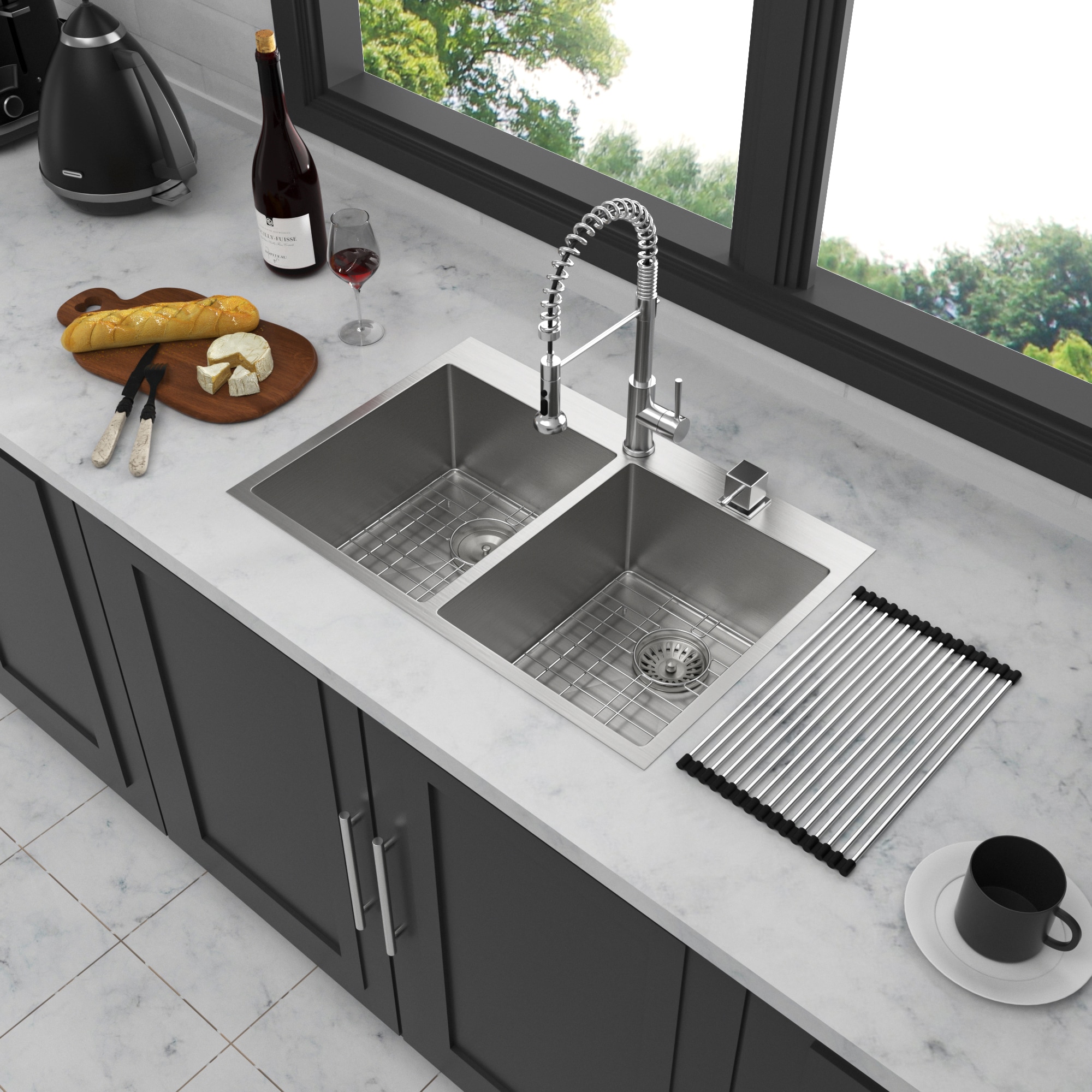 Stylish S-501XG 33 inch Slim Low Divider Double Bowl Undermount Stainless Steel Kitchen Sink