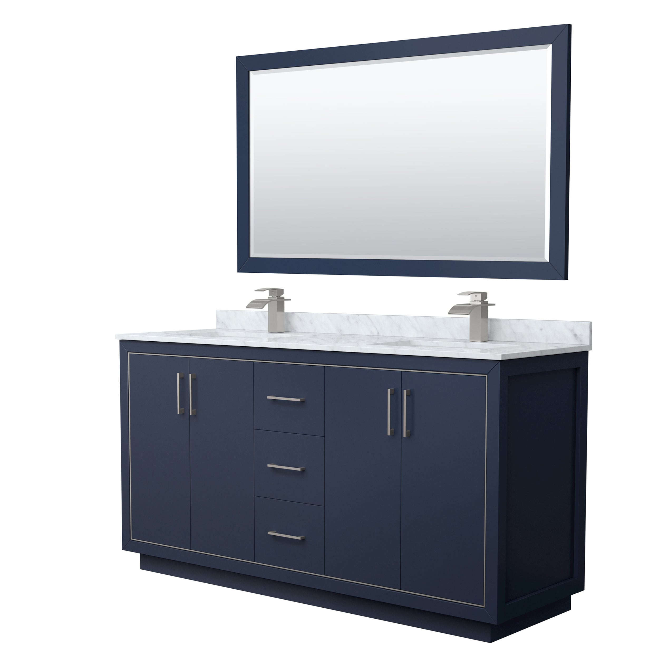 Wyndham Collection WCF111166DBNCMUNSM58 Icon 66-in Dark Blue with Brushed Nickel Trim Undermount Double Sink Bathroom Vanity with White Carrara Marble Natural Marble Top (Mirror Included)